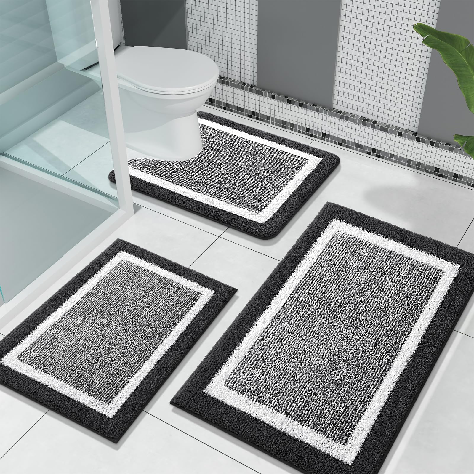 OLANLY Bathroom Rugs Sets 3 Piece, Soft Absorbent Microfiber Bath Mats and U-Shaped Contour Toilet Rug, Home Decor Accessories, Non-Slip, Bath Mat Set for Bathroom (30"x20"+24"x16"+24"x20", Grey)