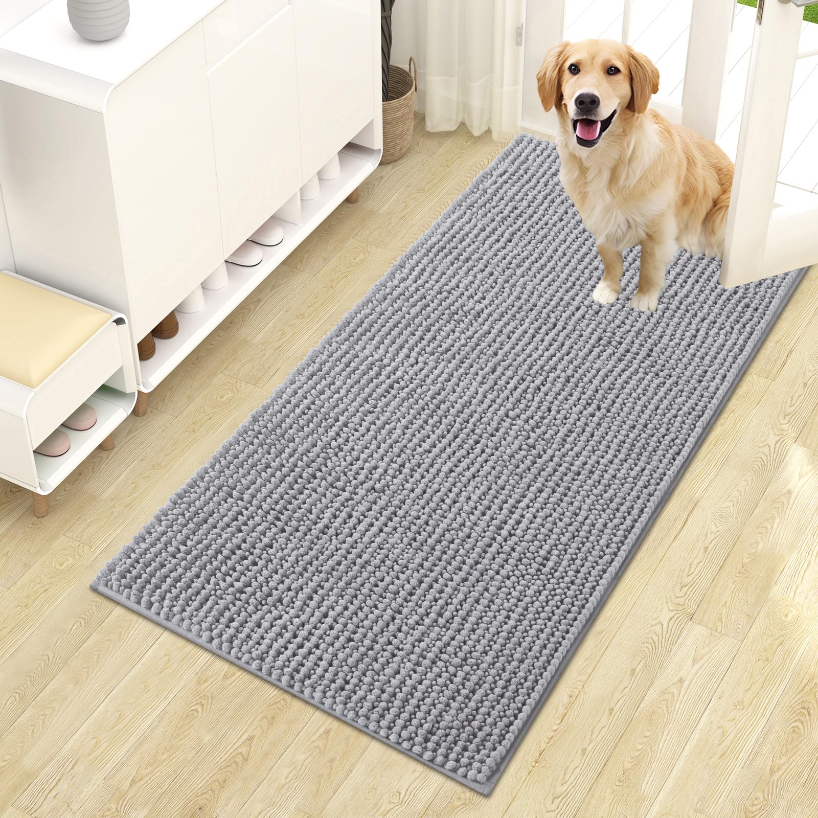 OLANLY Dog Door Mat for Muddy Paws 30x20, Ultra Absorbent Chenille Mud Doormat, Non-Slip Washable and Dirt Trapping Doormat for Indoor Entryway, Quick-Dry Indoor Pet Bed Mats for Dogs, Grey
