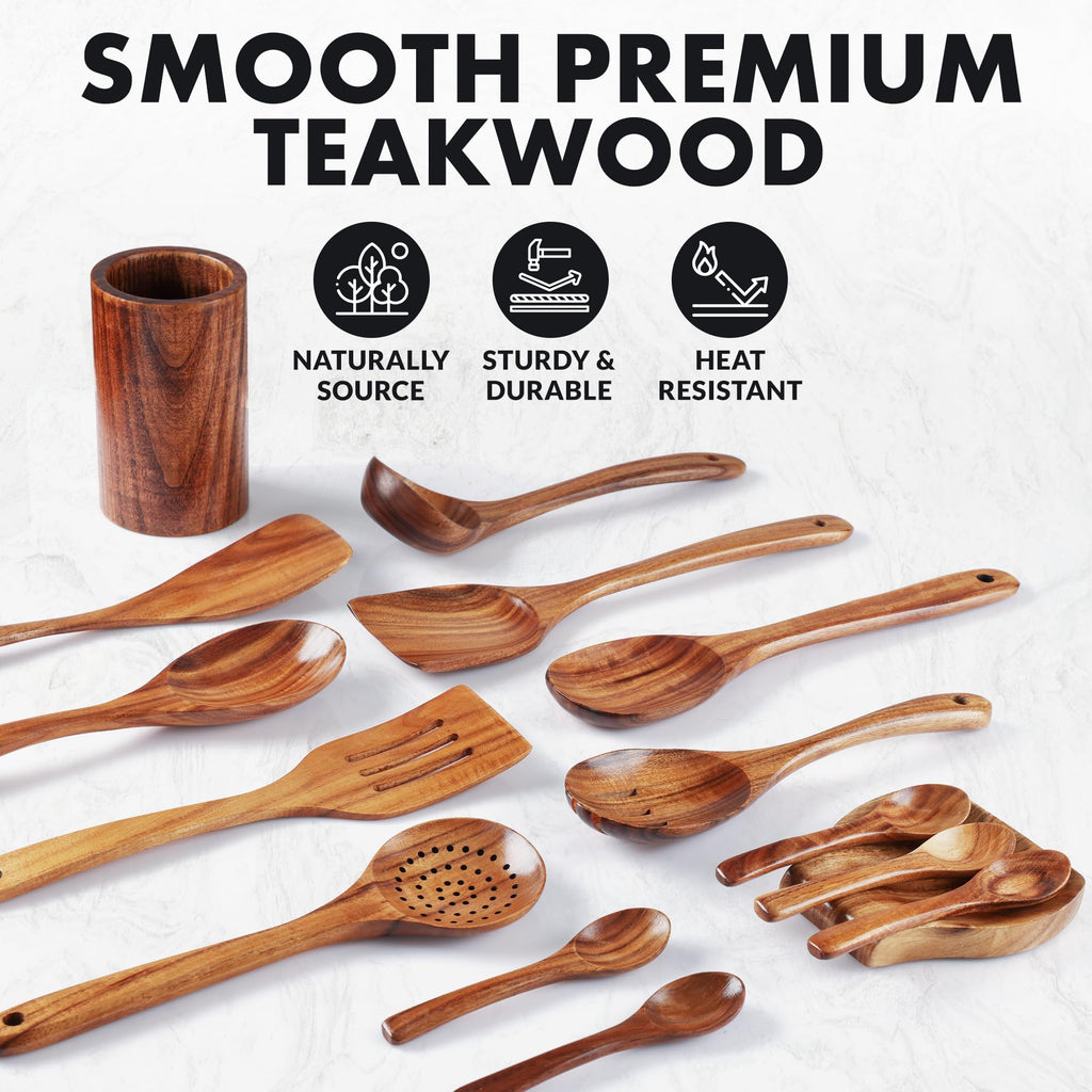 Zulay Kitchen 6 Piece Wooden Spoons for Cooking – Natural Teak Wooden Utensil Set, Easy to Clean, Durable, Smooth with Comfort Grip - Non Toxic Wooden Cooking Utensil Sets