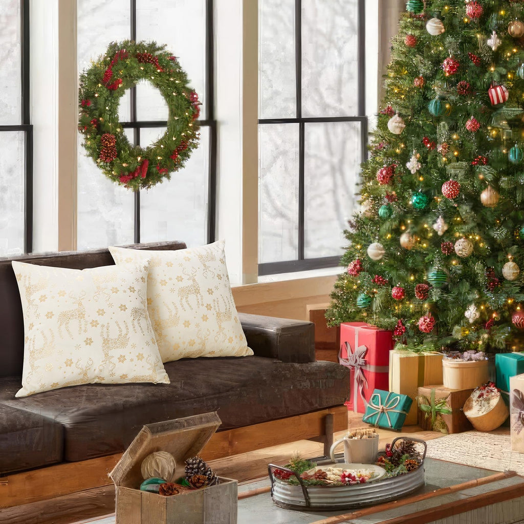 Topfinel Christmas Pillow Covers 18x18 Set of 2,Xmas Cream Velvet Snowflake Reindeer Decorative Pillow Case Winter Holiday Decor for Home Couch,White and Gold