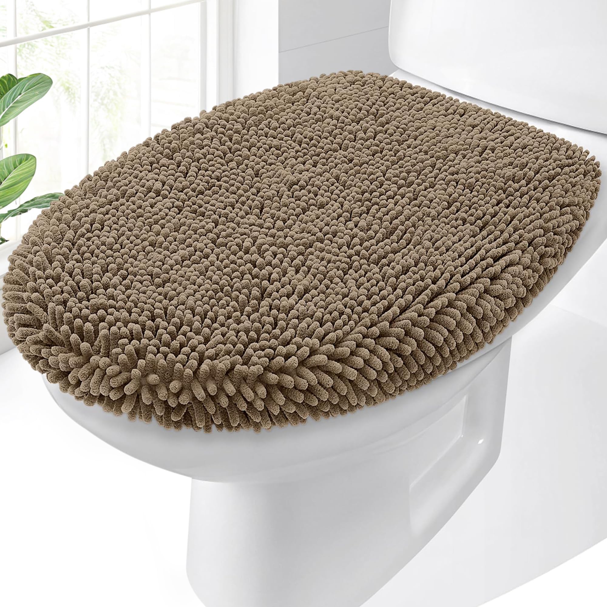OLANLY Soft Chenille Bathroom Toilet Lid Cover, Machine Washable Seat Covers, 17.5x15, Stays in Place Rubber Backing, Fits Most Round, Elongated and Oblong Lids, Accessories Decor, Gray