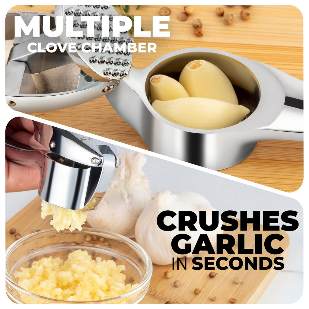 Zulay Kitchen Premium Garlic Press Set - Rust Proof Professional Garlic Mincer Tool - Easy-Squeeze, Easy-Clean with Soft, Ergonomic Handle - Silicone Garlic Peeler & Brush (Silver)