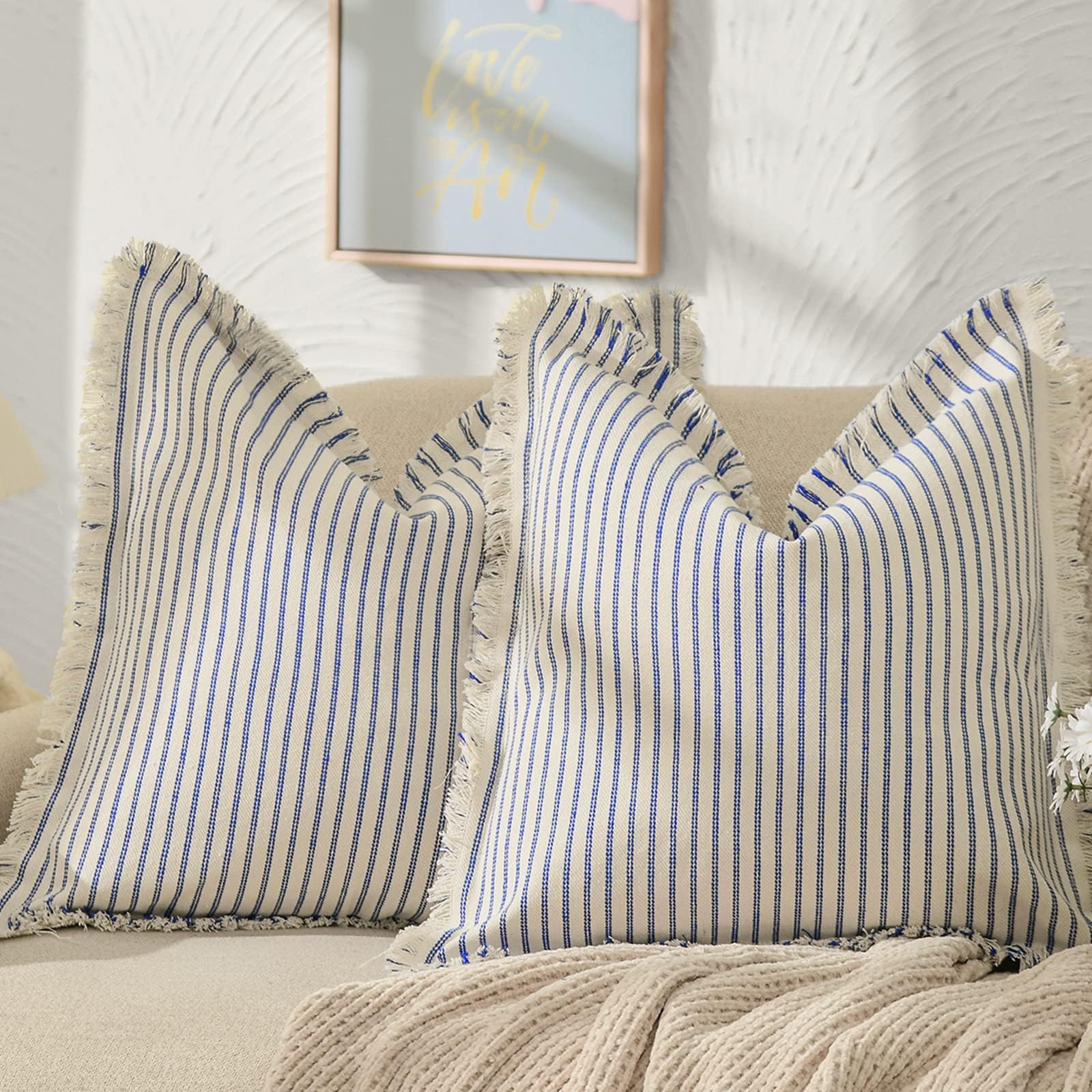 ZWJD Throw Pillow Covers 20x20 Set of 2 Striped Pillow Covers with Fringe Chic Cotton Decorative Pillows Square Cushion Covers for Sofa Couch Bed Living Room Farmhouse Decor, (Gray)
