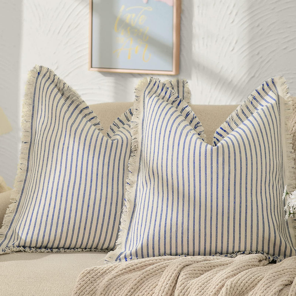 ZWJD Throw Pillow Covers 20x20 Set of 2 Striped Pillow Covers with Fringe Chic Cotton Decorative Pillows Square Cushion Covers for Sofa Couch Bed Living Room Farmhouse Decor, (Gray)