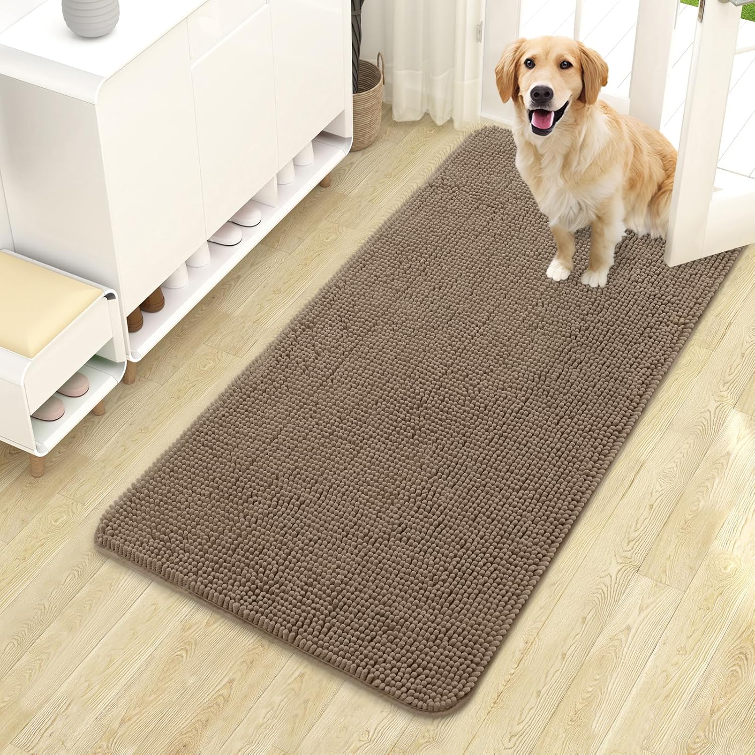 OLANLY Dog Door Mat for Muddy Paws 48x30, Absorbs Moisture and Dirt, Absorbent Non-Slip Washable Doormat, Quick Dry Chenille Mud Mat for Dogs, Entry Indoor Entryway Carpet for Inside Floor, Grey