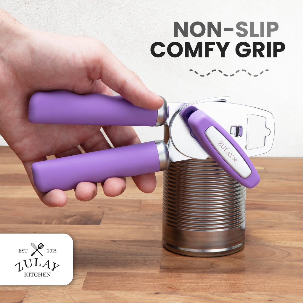 Zulay Kitchen COMFY™ Can Opener Manual with Bottle Opener - Rust Proof Stainless Steel Manual Can Opener With Turn Knob & Comfy Soft Grip Handles - Black