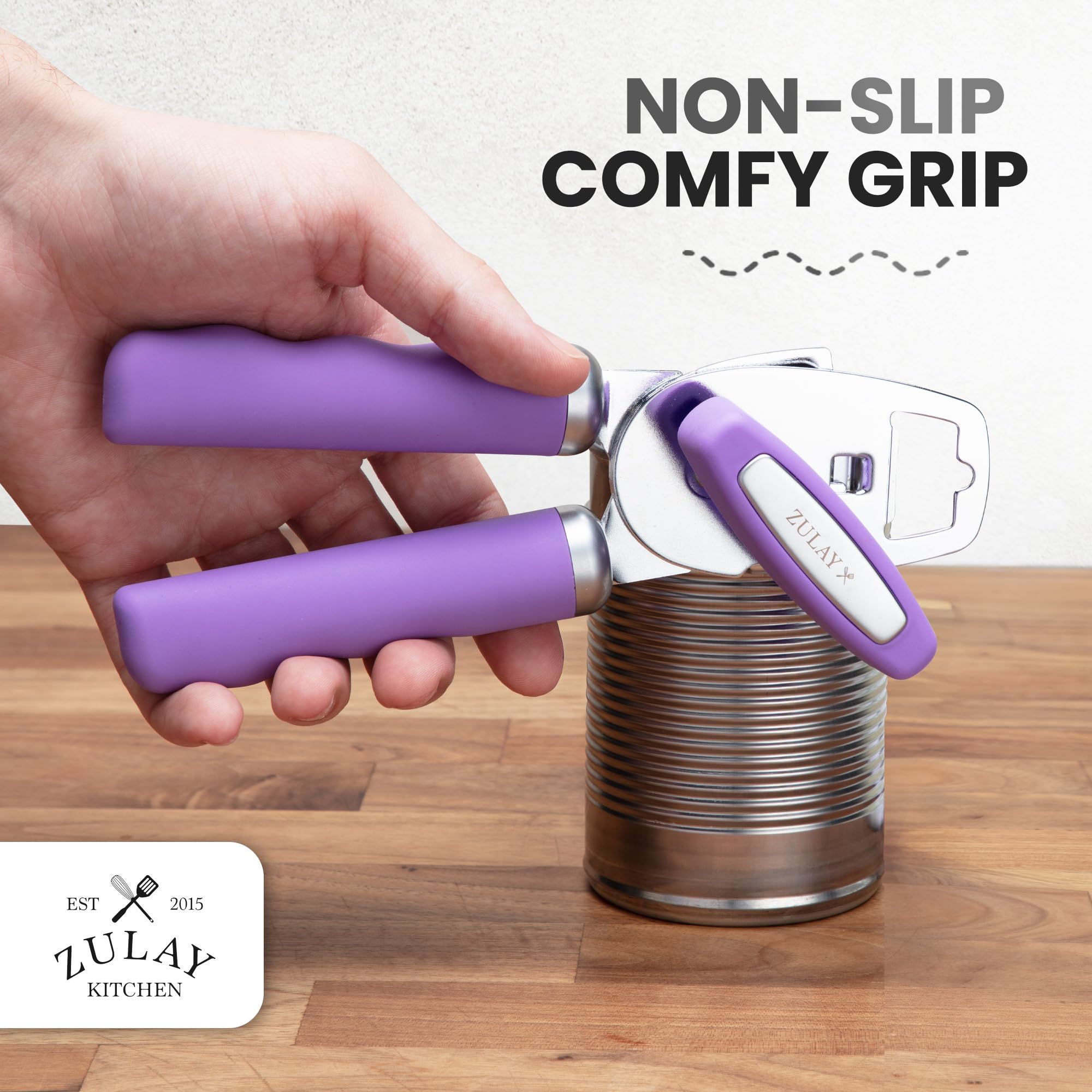 Zulay Kitchen COMFY™ Can Opener Manual with Bottle Opener - Rust Proof Stainless Steel Manual Can Opener With Turn Knob & Comfy Soft Grip Handles - Black