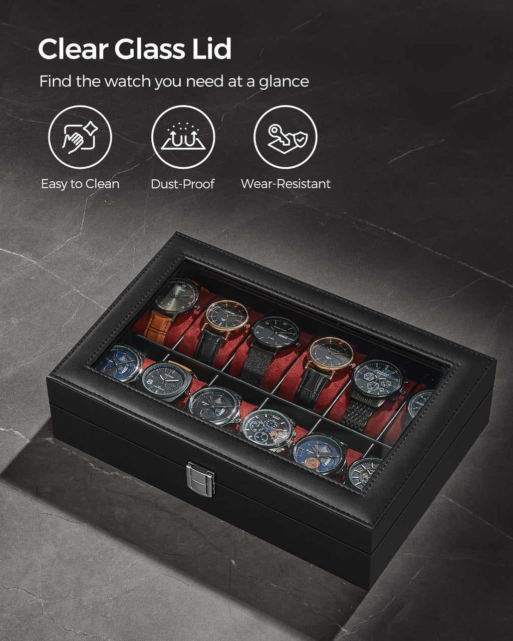 SONGMICS Watch Box, 12-Slot Watch Case Organizer with Large Glass Lid, Removable Pillows, Gift for Loved Ones, Black Synthetic Leather, Gray Lining UJWB12BK