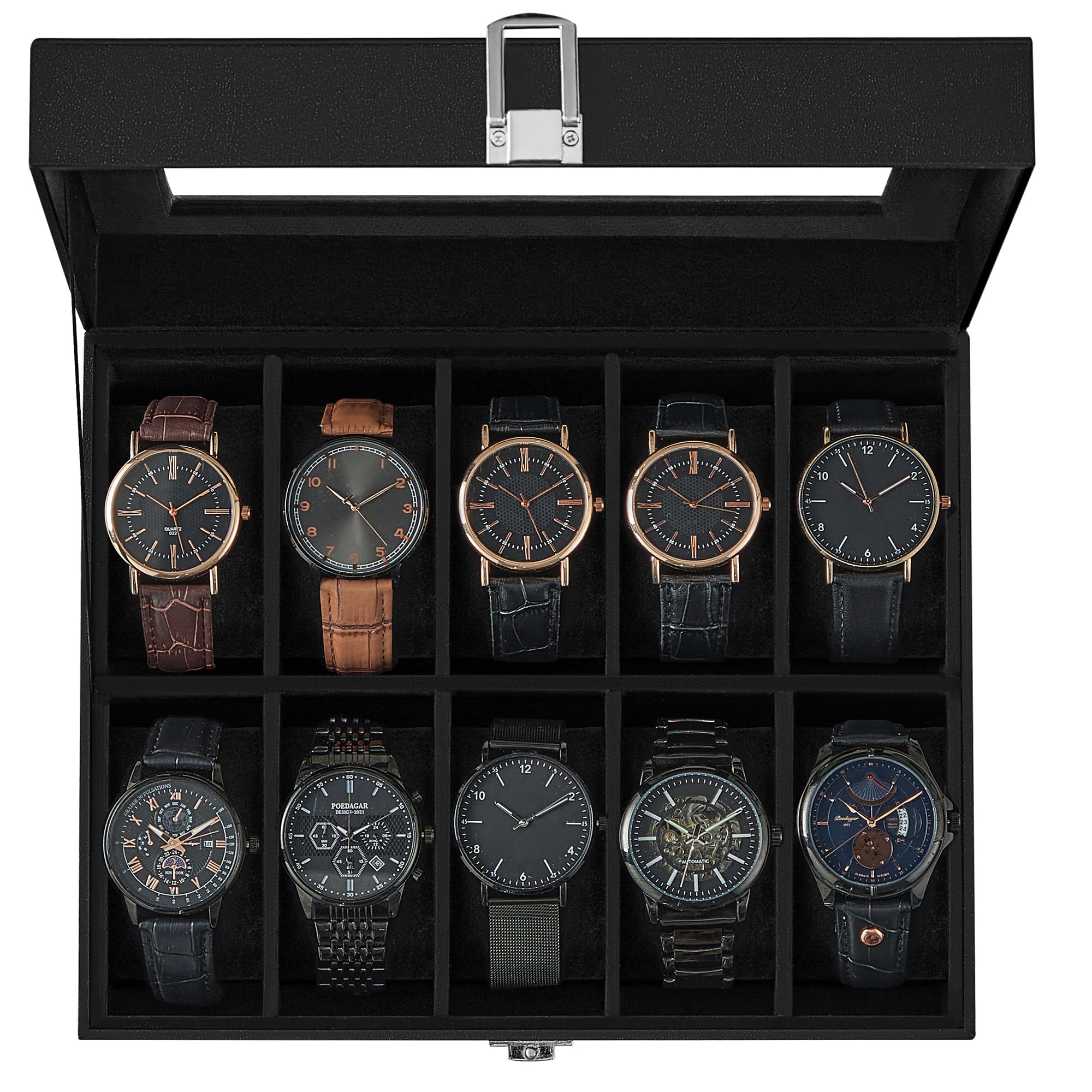SONGMICS Watch Box, 12-Slot Watch Case Organizer with Large Glass Lid, Removable Pillows, Gift for Loved Ones, Black Synthetic Leather, Gray Lining UJWB12BK