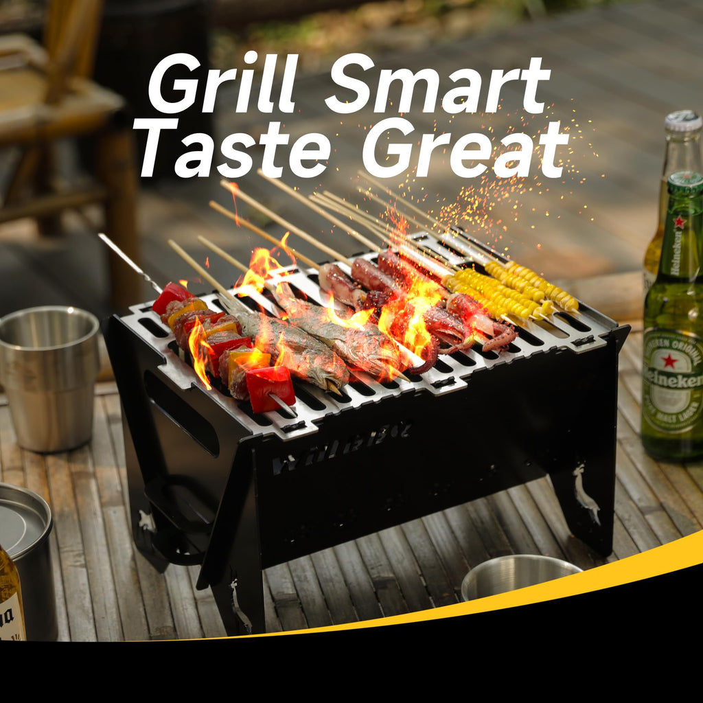 WILLBBQ Charcoal Grills Quality Portable Detachable Folding,Skewers Campfire Grill,Hibachi Backpacking BBQ Grill,Easy Portability For Outdoor Barbecues Camping Picnics Garden Party(15.8x8.5x7.5 inch)