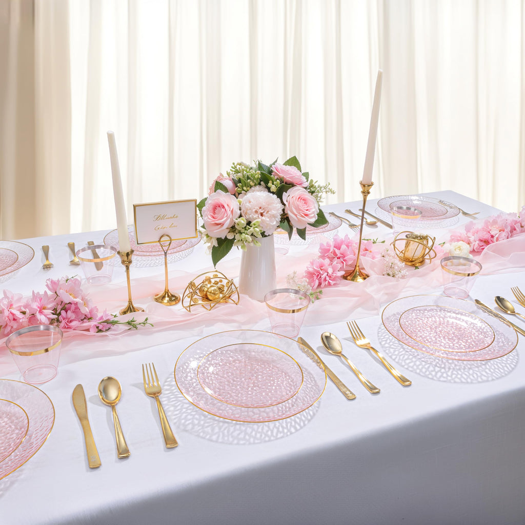 DaYammi 100 Pcs Clear Gold Plastic Plates, Hammered Party Plate, Fancy Plastic Plates Disposable Clear Disposable Dessert Platos, 7 Inch Heavy duty Plastic Dessert Platos for Party & Wedding