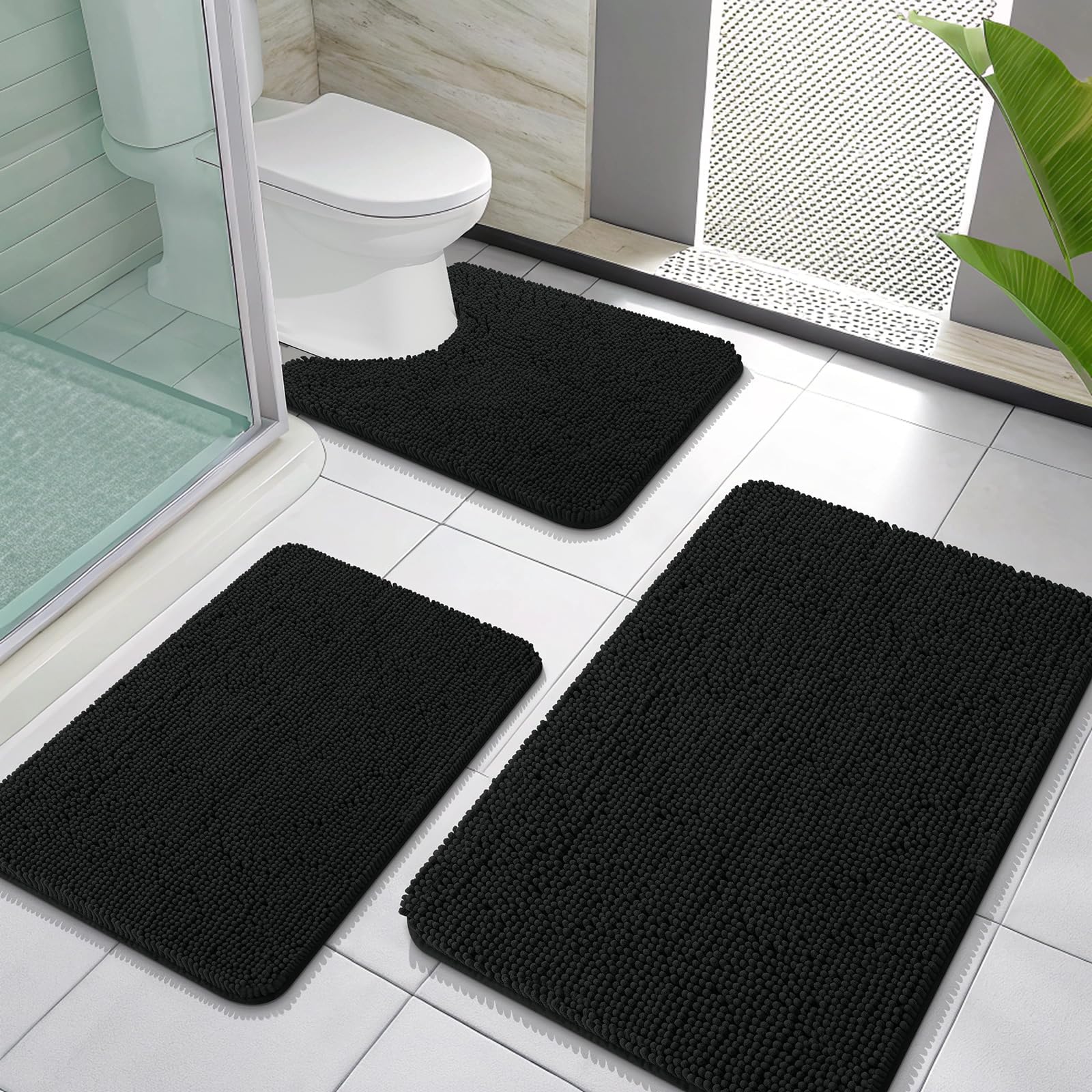 OLANLY Bathroom Rugs Sets 3 Piece, Soft Absorbent Chenille Bath Mats and U-Shaped Contour Toilet Rug, Quick Dry, Home Decor Accessories, Bath Mat Set for Bathroom (30"x20"+24"x16"+24"x20", Grey)