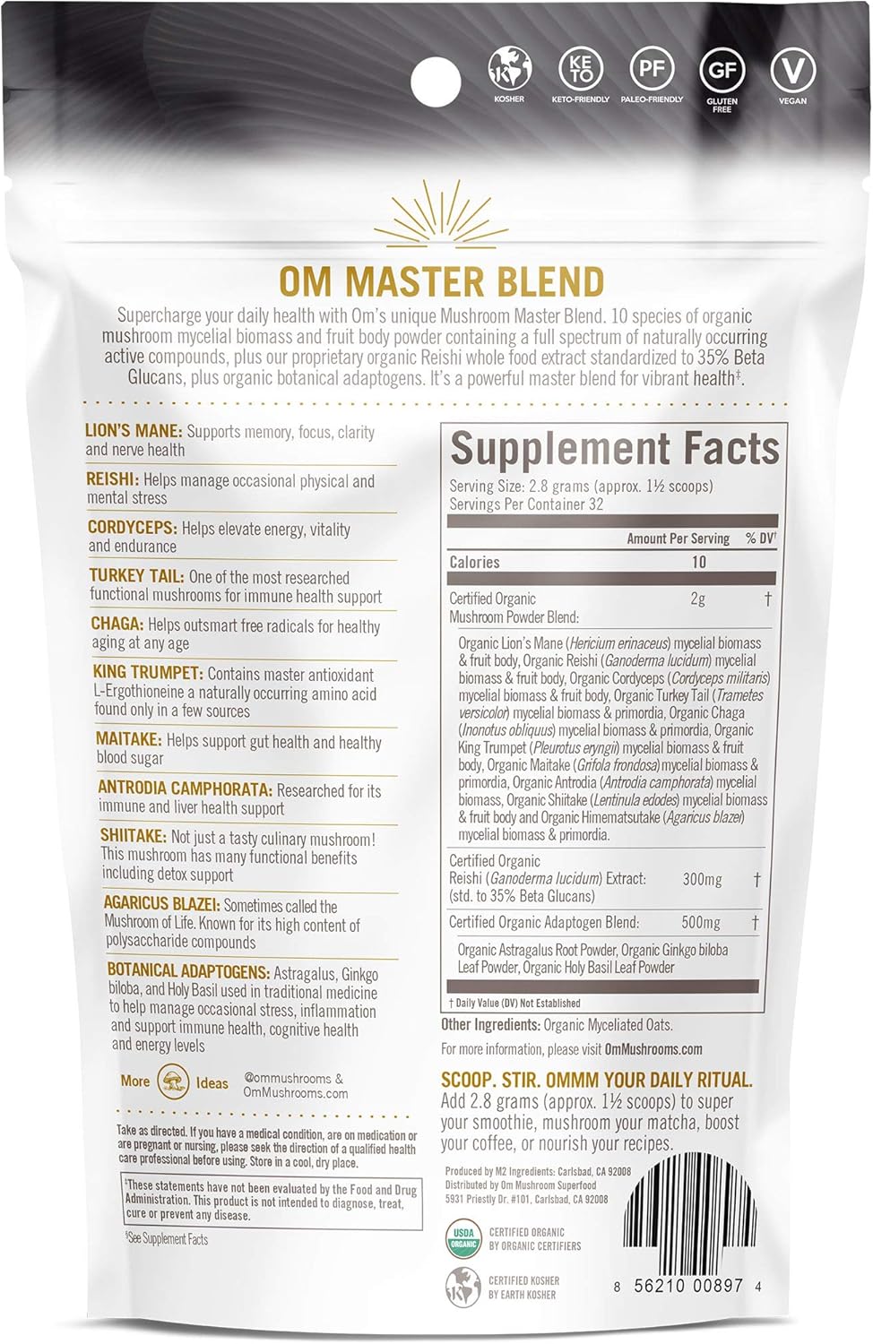 OM Mushrooms Master Blend Mushroom Powder – Organic Mushroom Supplement with 10 Mushrooms and Ashwagandha - Support Immunity, Gut Health & Stress Relief, 6.34 oz (80 Servings)