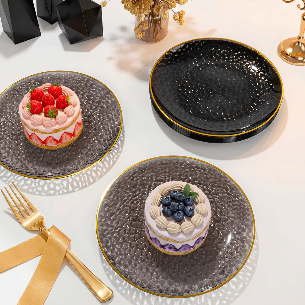 DaYammi 240Pcs Gold Plastic Plates Including 120Pcs Dessert Plates and 120Pcs Cake Forks,Hammered Party Plate,Clear Gold Appetizer plates Heavy duty Disposable Plastic Plate for Party Wedding Birthday