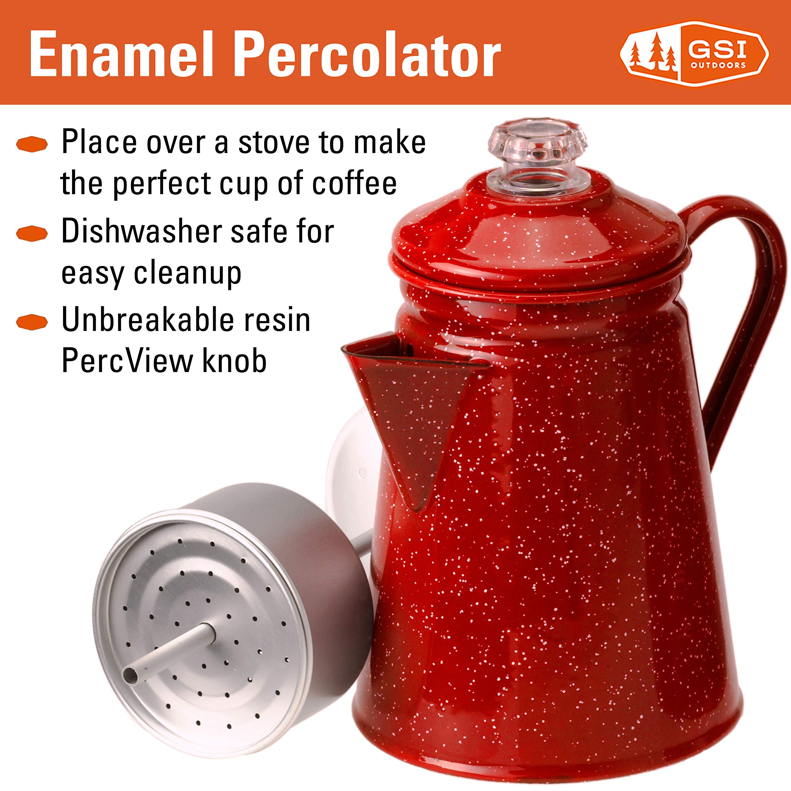 GSI Outdoors Percolator Coffee Pot | Enamelware Campfire Coffee Boiler Kettle for Outdoor Camping Cookware, Cabin, RV, Kitchen, Hunting & Backpacking