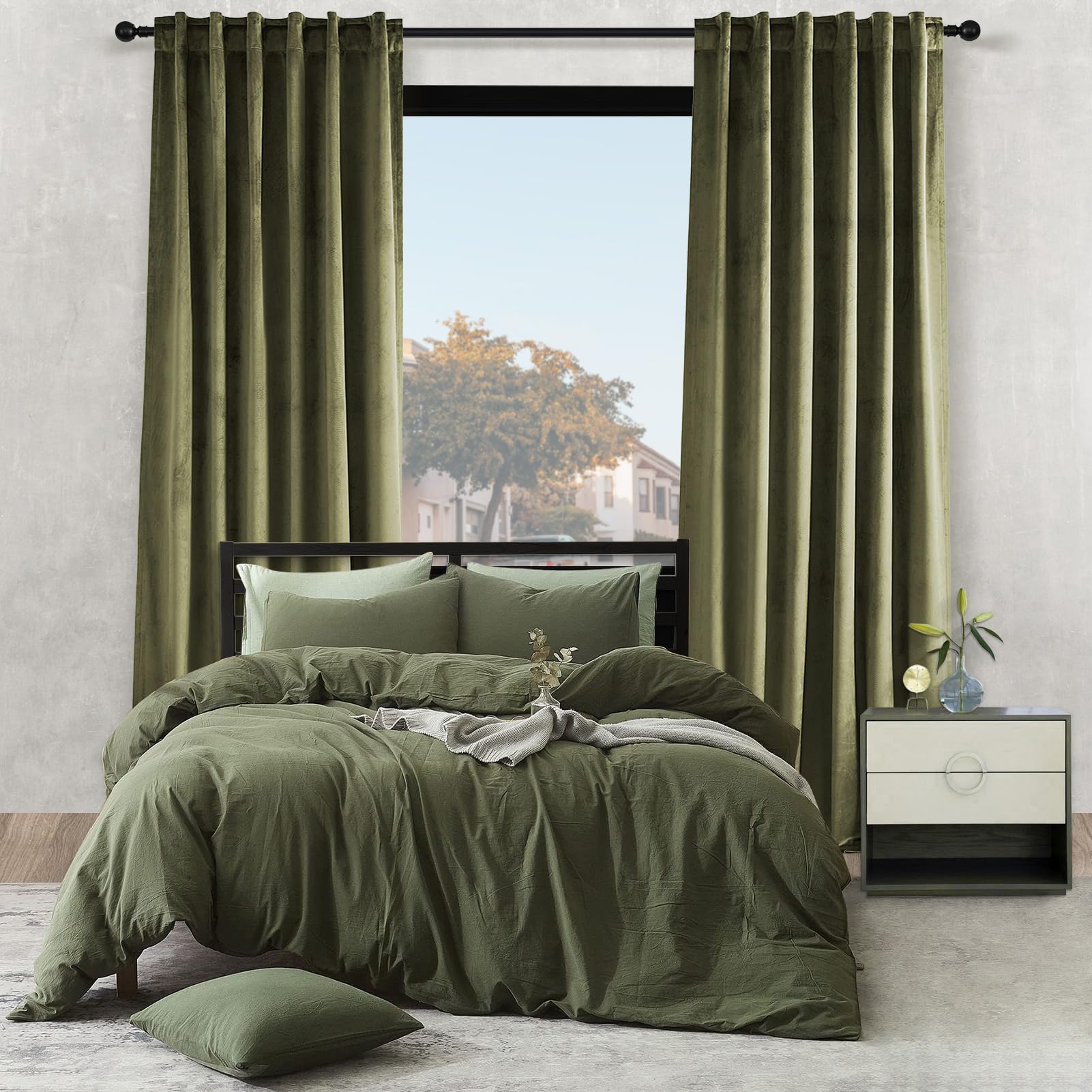 Topfinel Olive Green Velvet Curtains 84 Inches Long for Living Room,Blackout Thermal Insulated Curtains for Bedroom,Back Tab Modern Window Treatment for Living Room,52x84 Inch Length,Olive Green