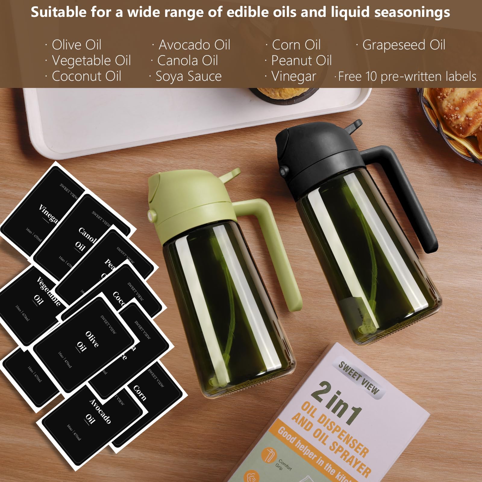 SWEET VIEW Olive Oil Dispenser and Oil Sprayer – 16oz/470ml Glass Light-Proof Oil Pourer for Kitchen, Air Fryer, Cooking, Salad, and BBQ