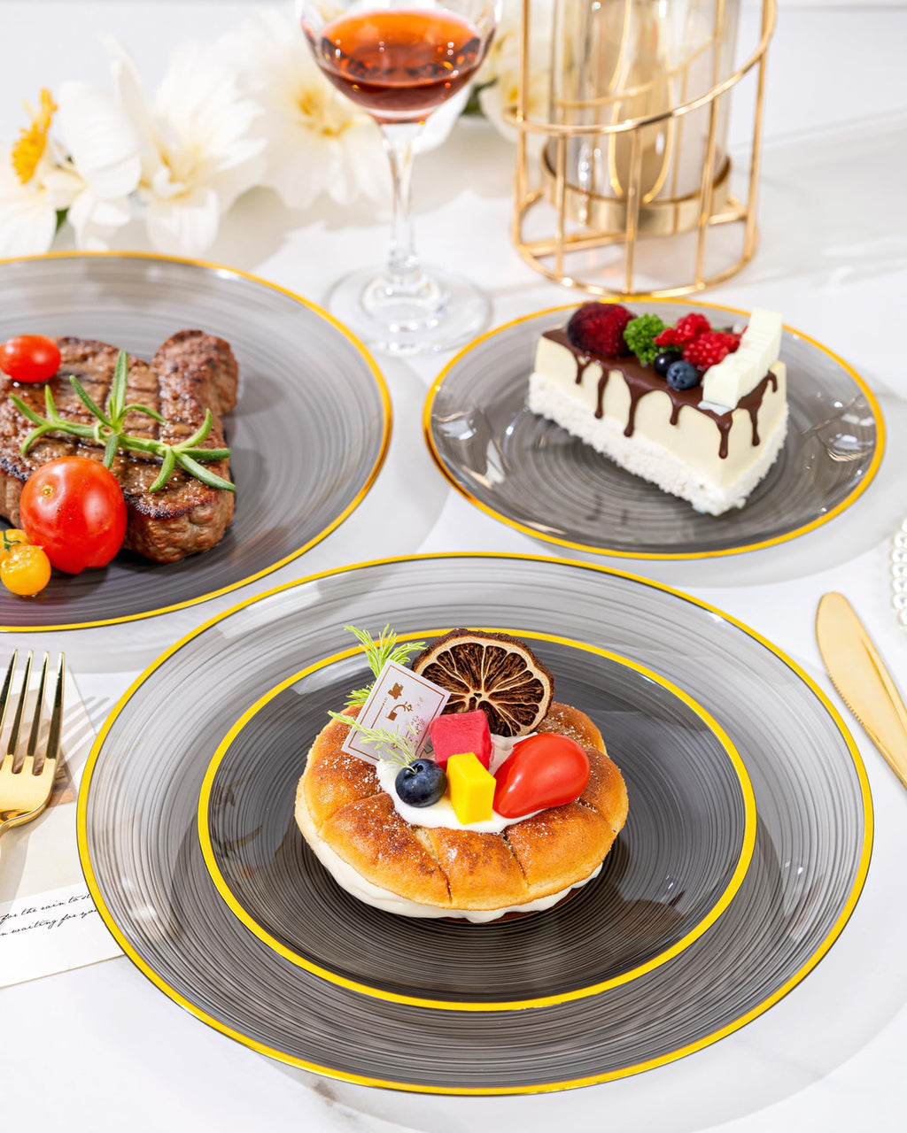 Morejoy 60Pcs Brown Plastic Plates,Brown Disposable Plates With Gold Rim, Gold Party Dinnerware Set Include 30 Dessert plates,30 Dinner plates for Party & Wedding