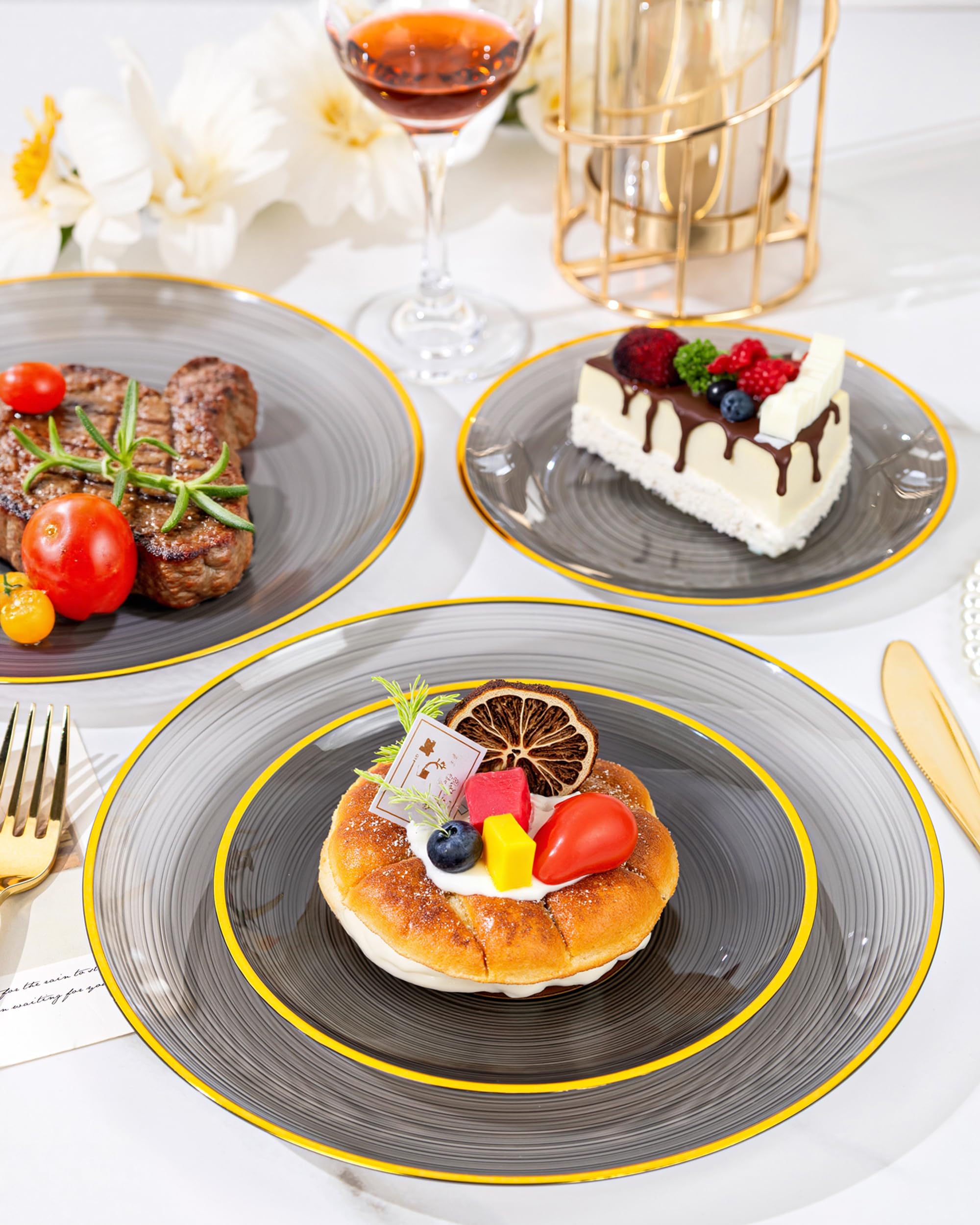 Morejoy 60Pcs Brown Plastic Plates,Brown Disposable Plates With Gold Rim, Gold Party Dinnerware Set Include 30 Dessert plates,30 Dinner plates for Party & Wedding