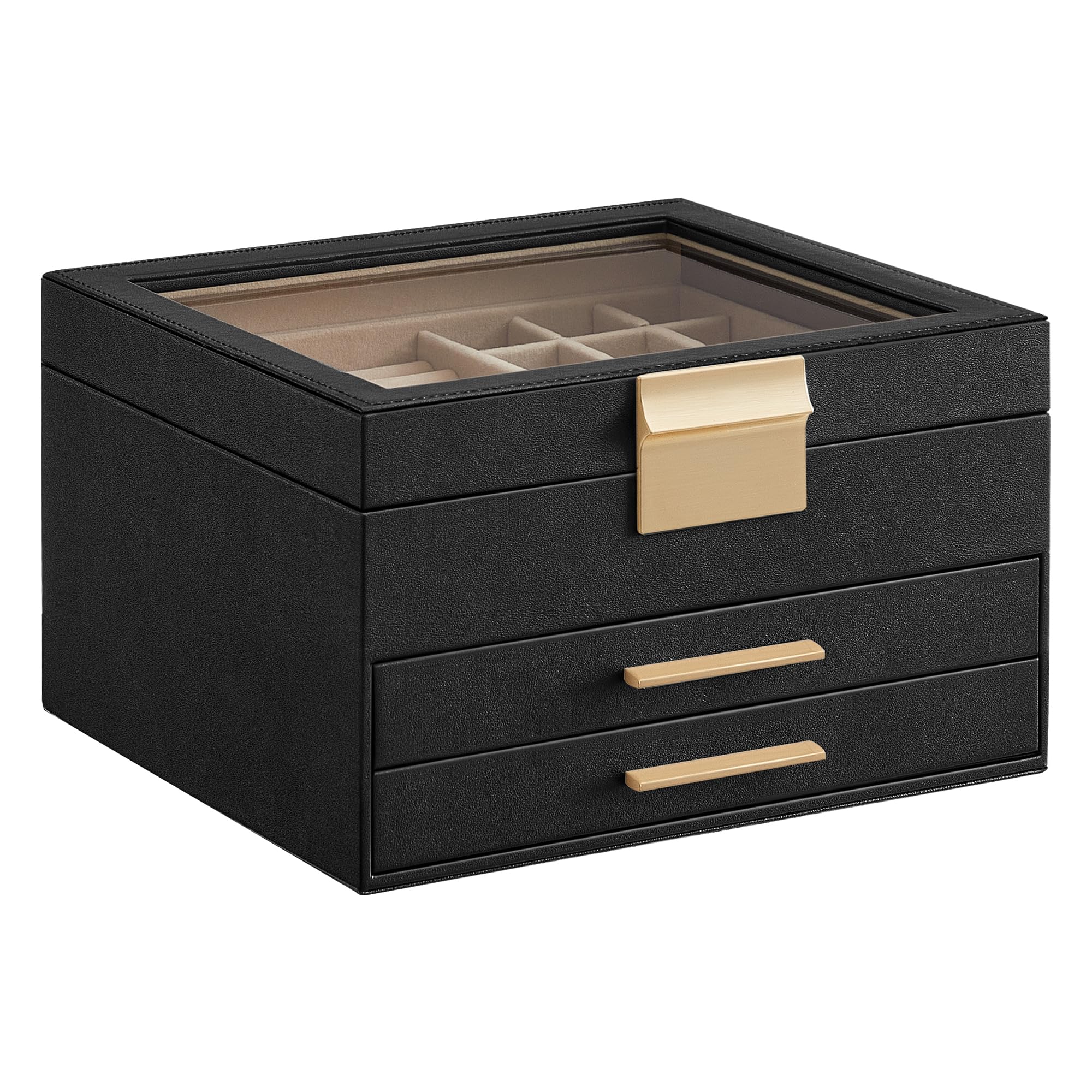 SONGMICS GISELLA Collection - Jewelry Box Organizer, 3-Layer Jewelry Storage with 2 Drawers, Shiny Metal Hardware, Glass Lid, Modern, 8 x 9.1 x 5.3 Inches, Cloud White and Gold Color UJBC239WT