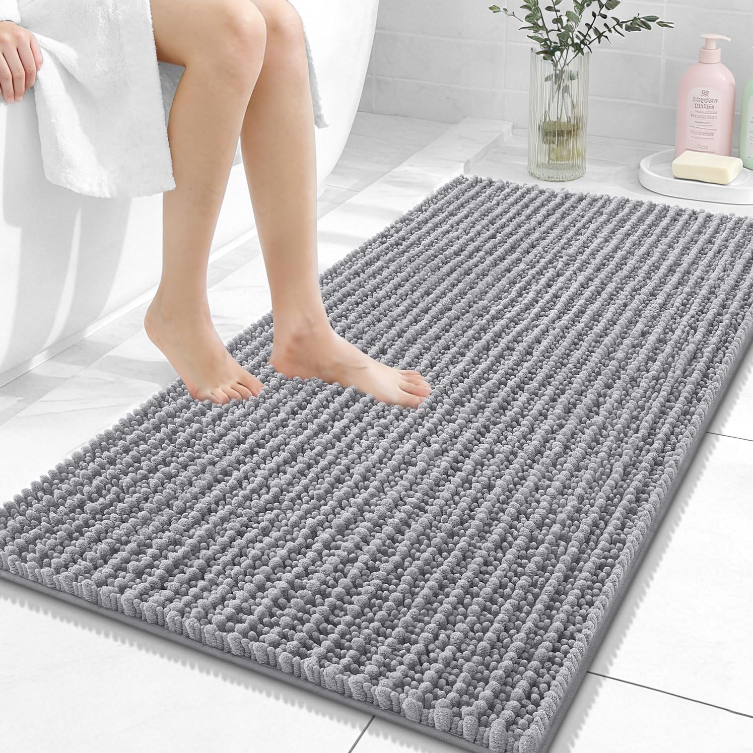 OLANLY Bathroom Rug Mat 30x20, Thick Soft and Absorbent Chenille Bath Mat, Non-Slip Rubber Backing, Machine Washable Quick Dry Bath Rugs for Tub Shower Floor, Home Decor Accessories, Grey