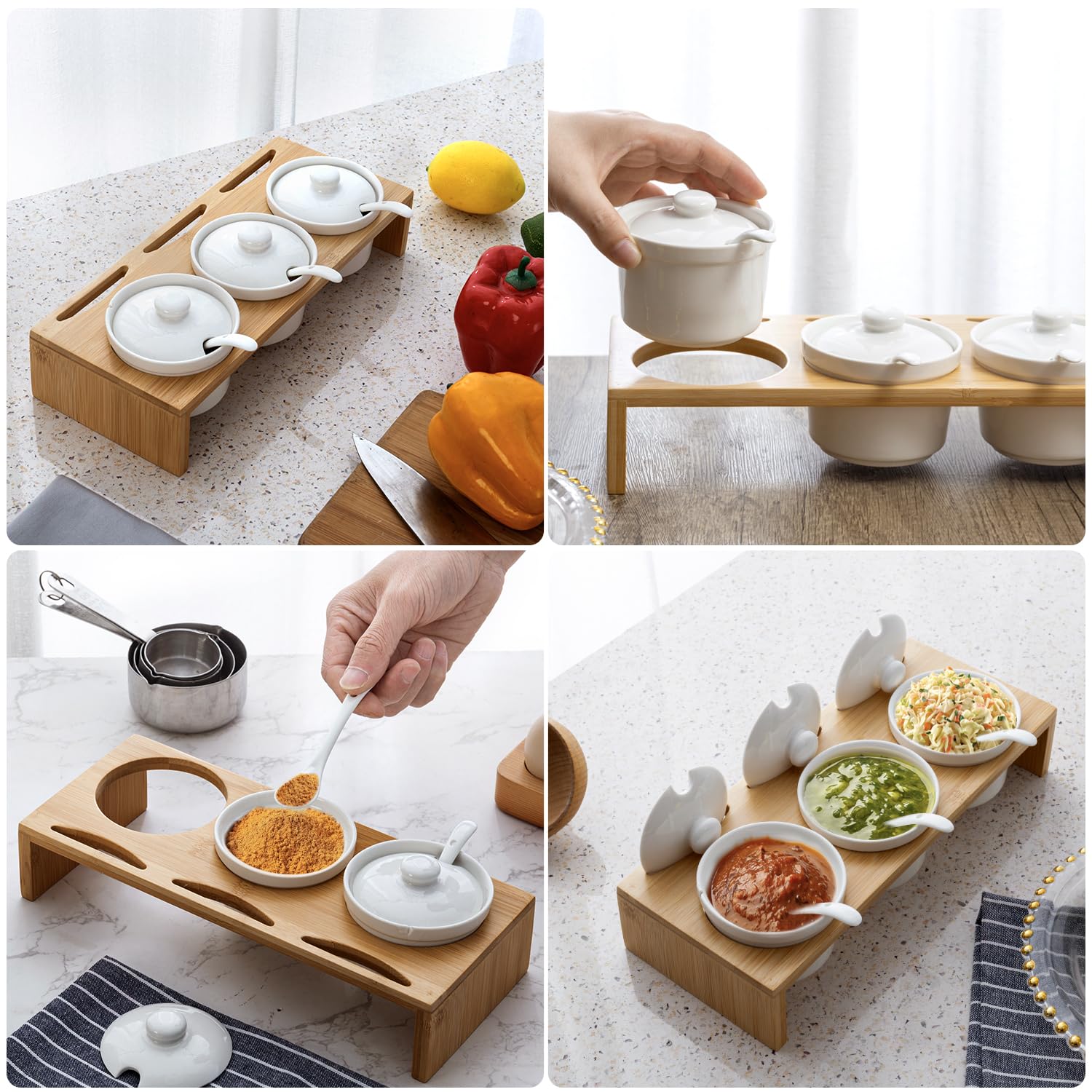 MyGift 10 Pcs Sauce Serving Dish, Hosting Party Essentials Host Gift, 3 Ceramic Ramekin Chip Dip Bowls with Lids & Spoons, Premium Bamboo Server Tray, Condiment Pot Entertaining