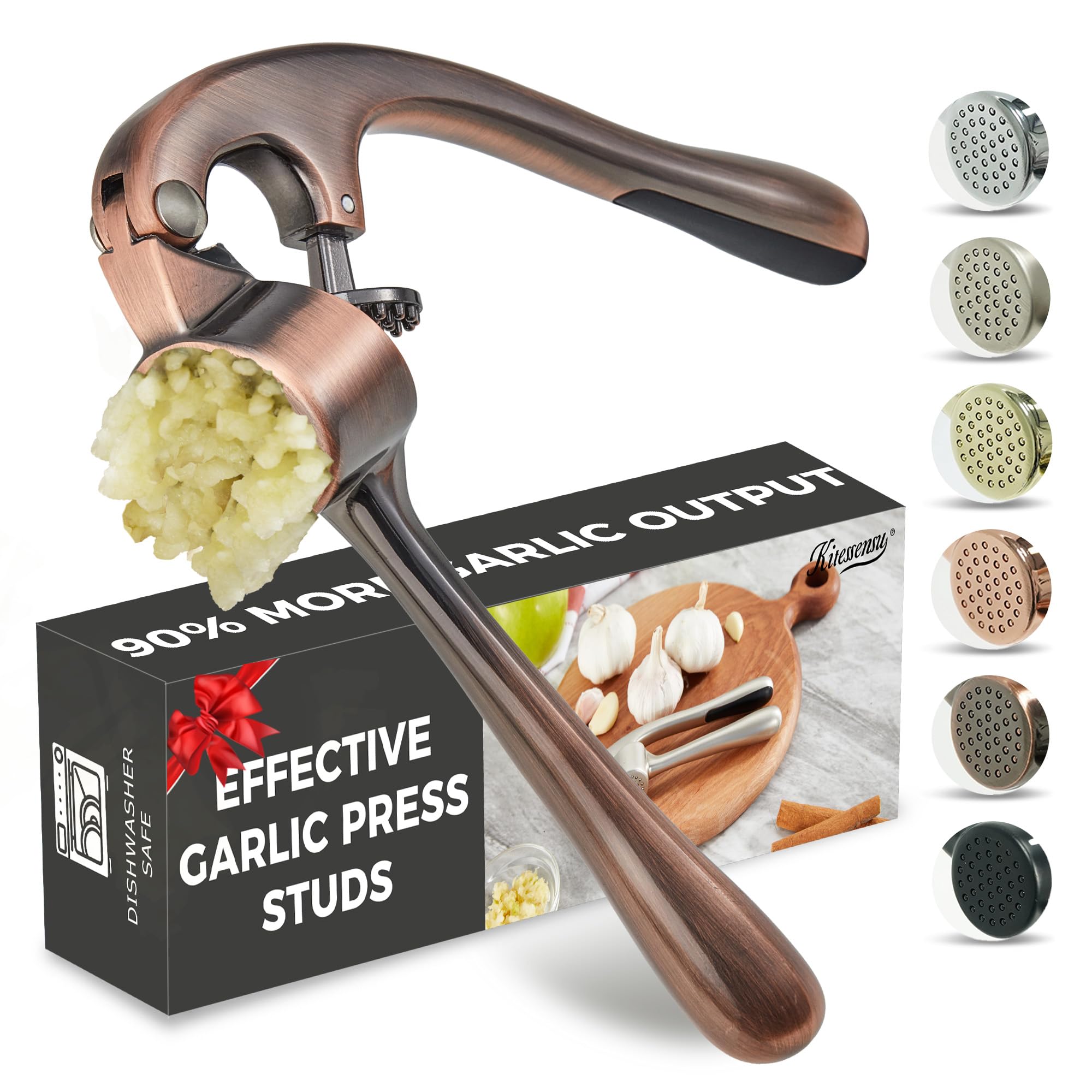 Kitessensu High Effective Garlic Press With Studs, Heavy Duty Garlic Mincer, Easy to Squeeze and Clean, Rust Proof & Dishwasher Safe, Ginger Crusher- Imperial Silver