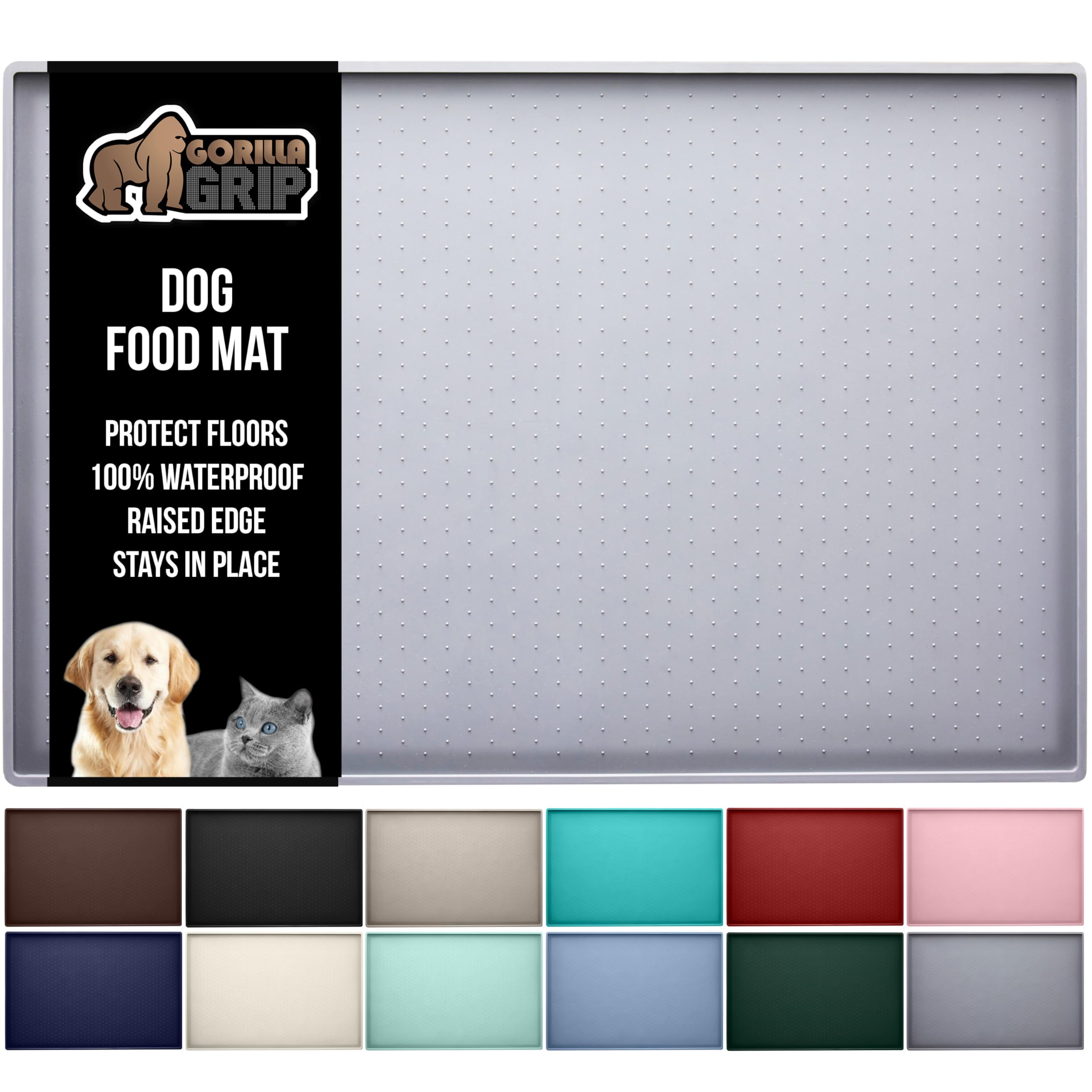 GORILLA GRIP 100% Waterproof Raised Edge BPA Free Silicone Pet Feeding Mat, Dog Cat Food Mats Contain Spills Protects Floors, Placemats for Cats and Dogs Water Bowl, Pets Accessories 18.5x11.5 Gray