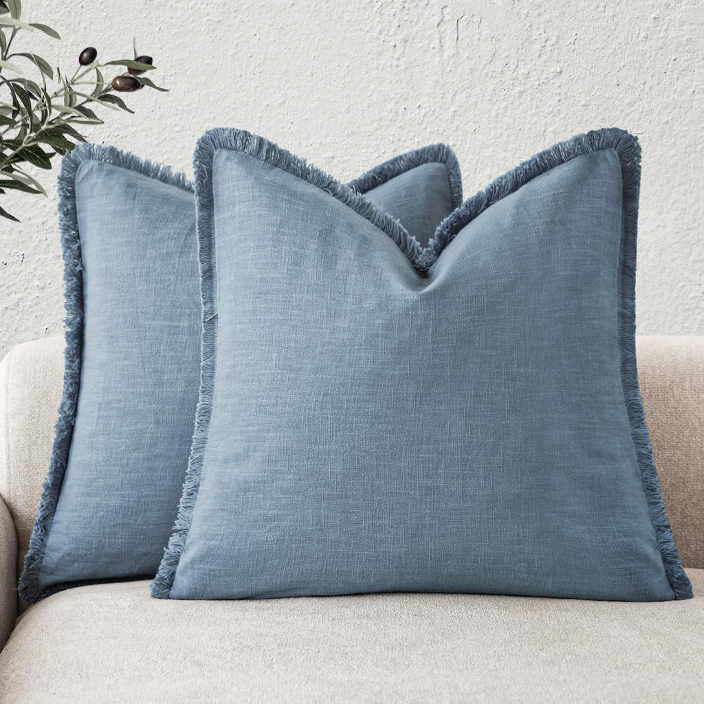 Foindtower Set of 2 Decorative Linen Fringe Throw Pillow Covers Cozy Boho Farmhouse Cushion Cover with Tassels Soft Accent Pillowcase for Couch Sofa Bed Living Room Home Decor,18×18 Inch,Navy Blue