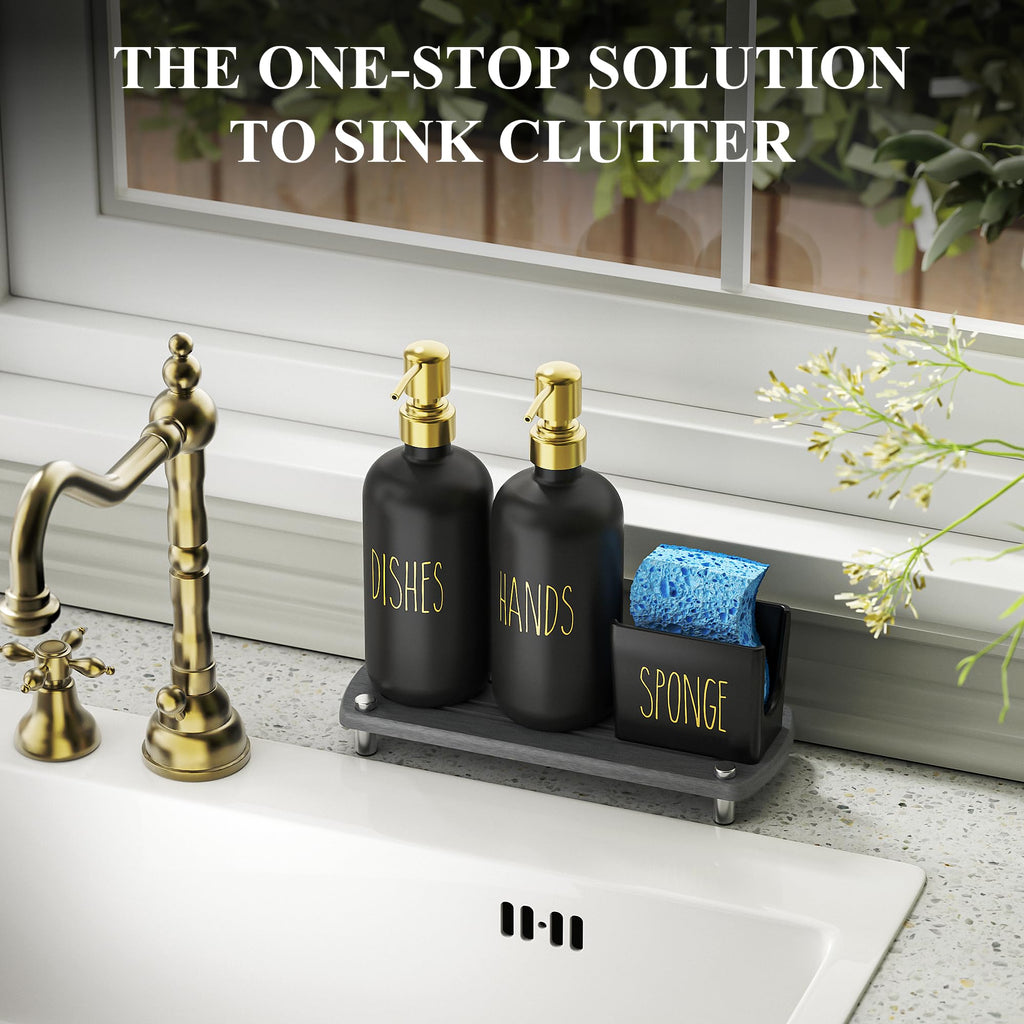 Cisily Kitchen Soap Dispenser Set Comes with Ceramics Sponge Holder, Gold Pumps, and Instant Dry Tray, Hand and Dish Soap Dispenser Set (4, Gold + White + Sponge Holder)