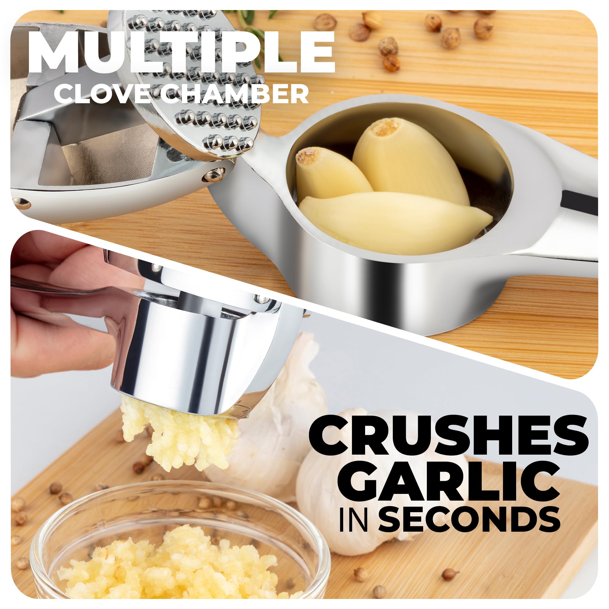 Zulay Kitchen Premium Garlic Press Set - Rust Proof Professional Garlic Mincer Tool - Easy-Squeeze, Easy-Clean with Soft, Ergonomic Handle - Silicone Garlic Peeler & Brush (Silver)
