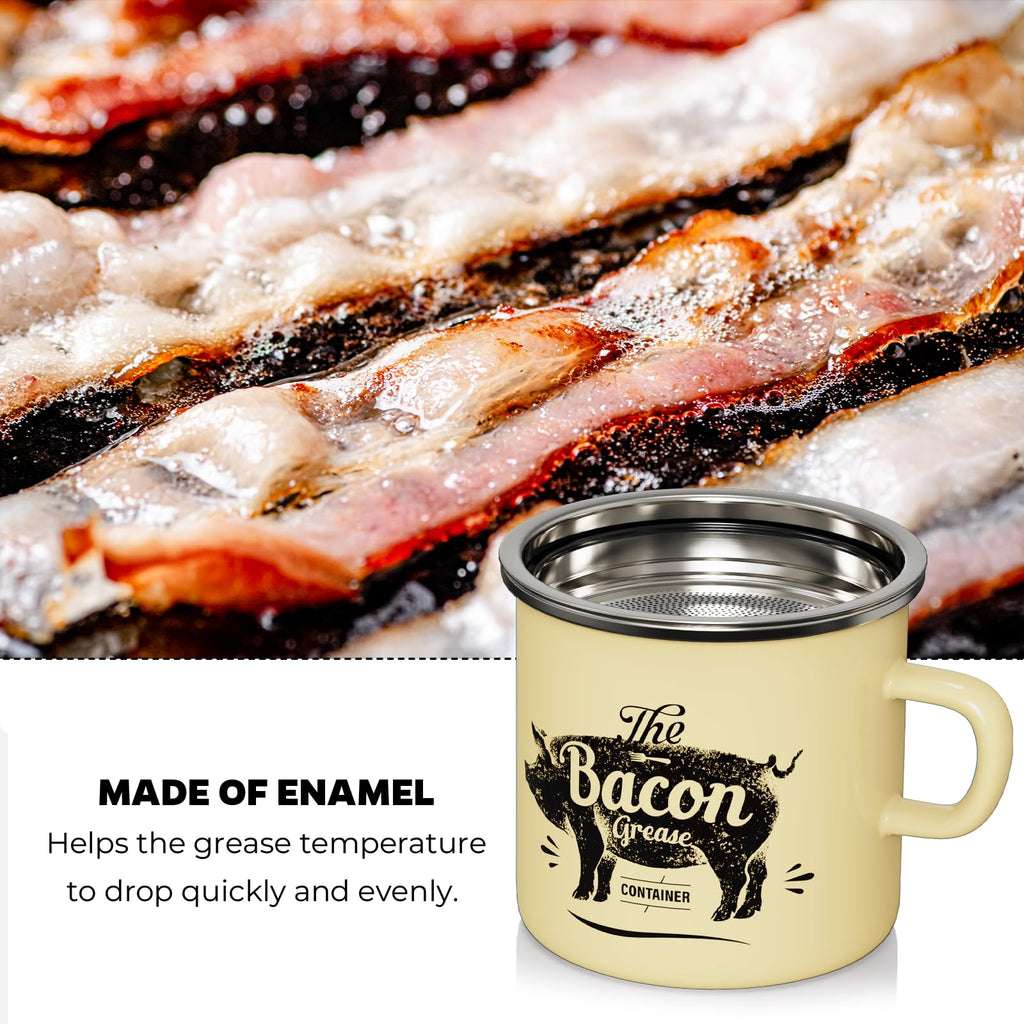 PGYARD Mini Bacon Grease Container With Strainer - 15OZ Enamel Grease Saver, Farmhouse Bacon Grease Keeper For Kitchen Fat Storage, Dishwasher Safe-Red