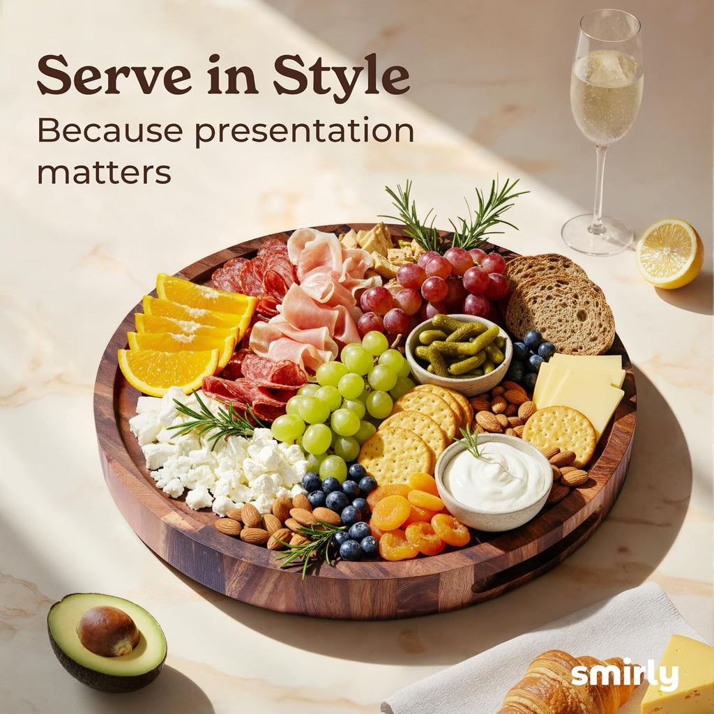 SMIRLY Round Wooden Cutting Boards 1.5” Thick For Kitchen Meal Prep & Serving - Walnut Cutting Board, Charcuterie & Chopping Board, Wood Cutting Board, Kitchen Gadgets