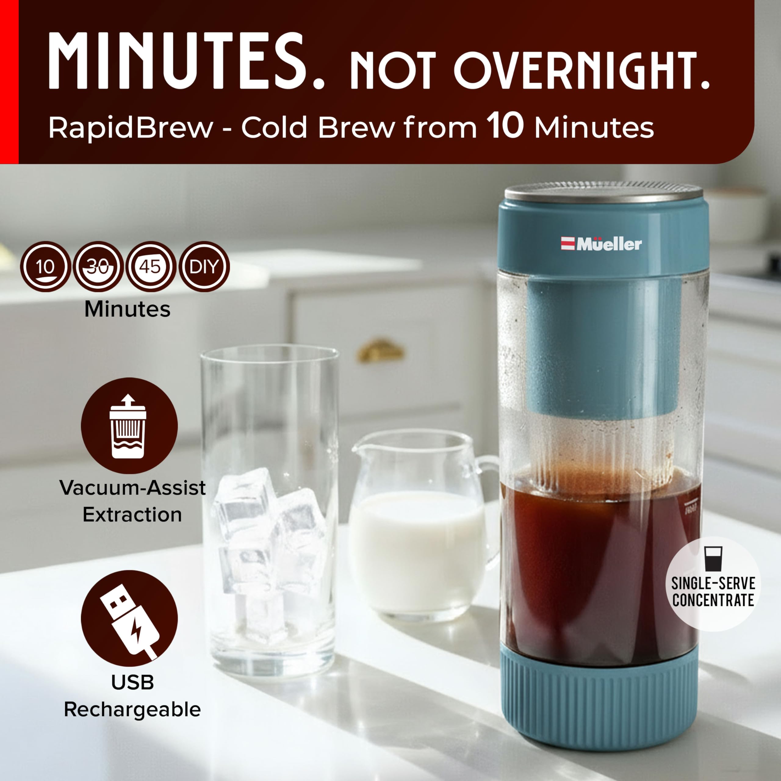 Mueller RapidBrew Cold Brew Iced Coffee Maker – 10 Min Fast Brew Portable Rechargeable Cold Brew Machine for Coffee & Tea – Adjustable Strength 10-99 Min – 20 Servings Per Charge, Black Coffee
