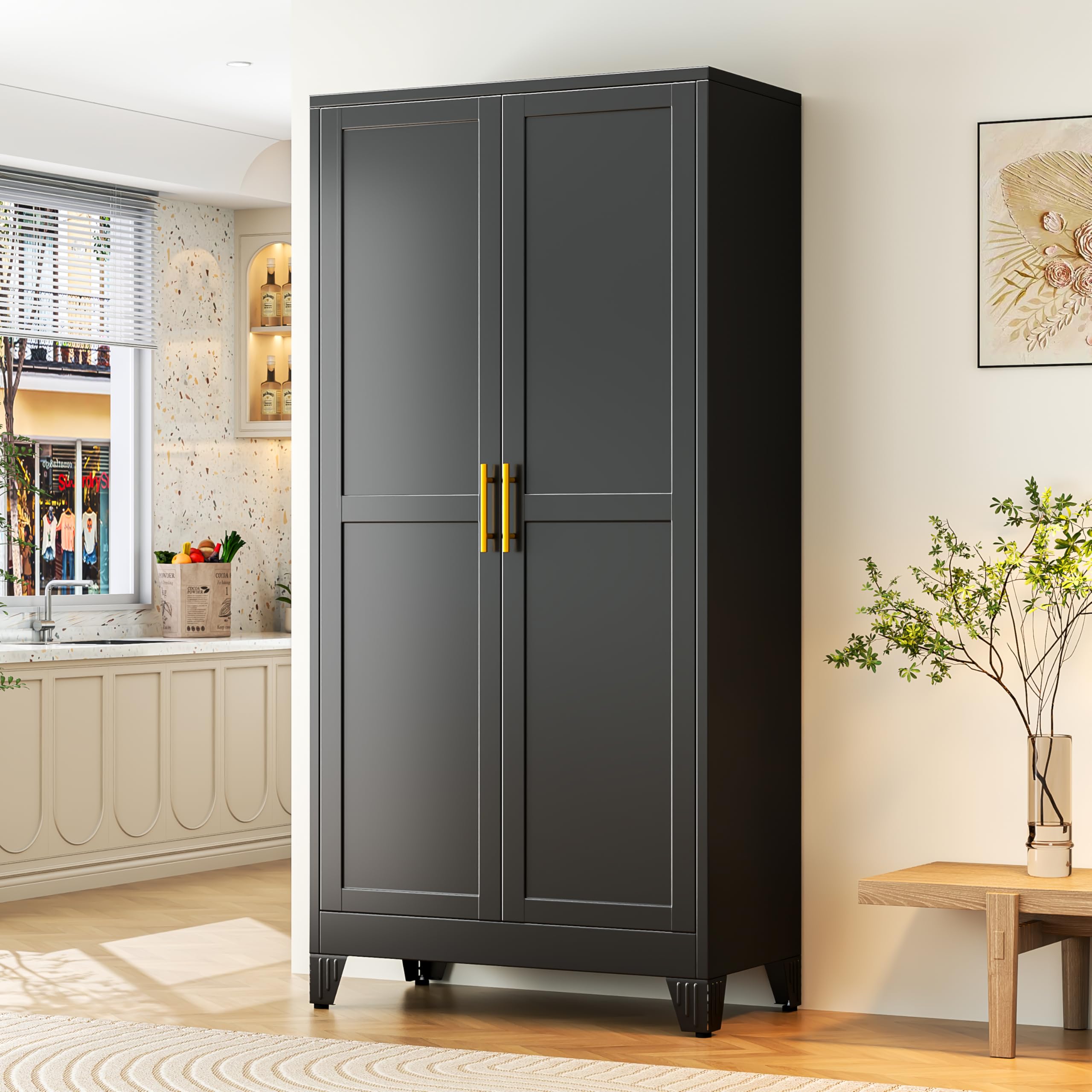 GAIOUS Metal Pantry Cabinet, Kitchen Pantry Storage Cabinets with 2 Door and 3 Adjustable Shelves, White Kitchen Pantry Cabinet, Freestanding Cupboard for Dining Room Living Room Bathroom