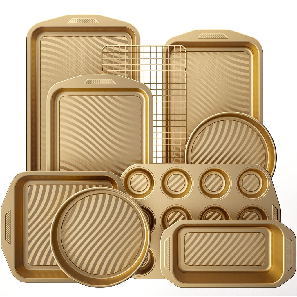 HONGBAKE 9-Piece Non Stick Baking Pans Set with Wave Texture for Reduced Oil, 0.8mm Thick Non Toxic Bakeware Sets, Includes Stackable Cookie Sheets for Oven Cooking, Cake Pan, Muffin Pan, Gold