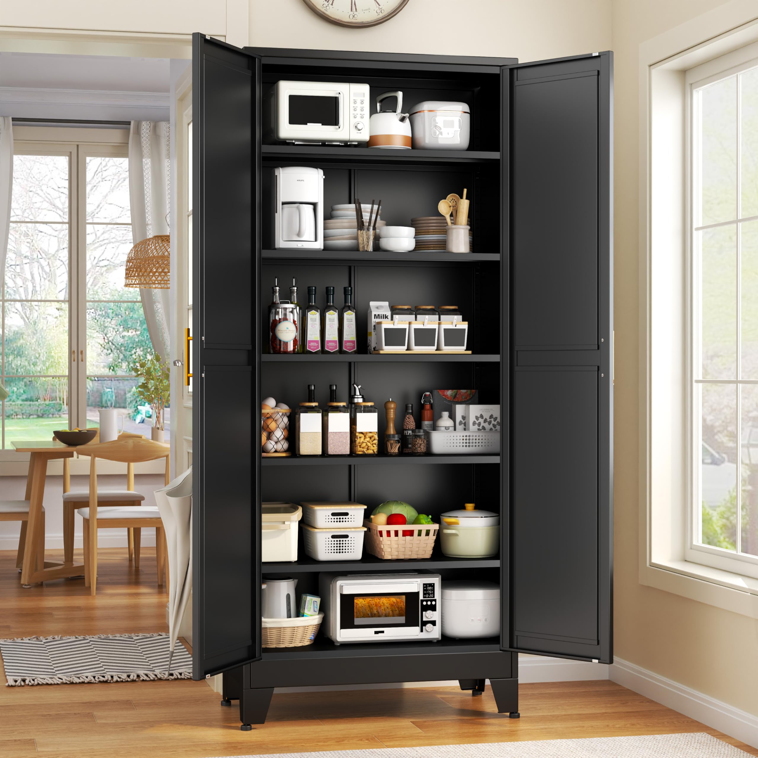 GAIOUS Metal Pantry Cabinet, Kitchen Pantry Storage Cabinets with 2 Door and 3 Adjustable Shelves, White Kitchen Pantry Cabinet, Freestanding Cupboard for Dining Room Living Room Bathroom