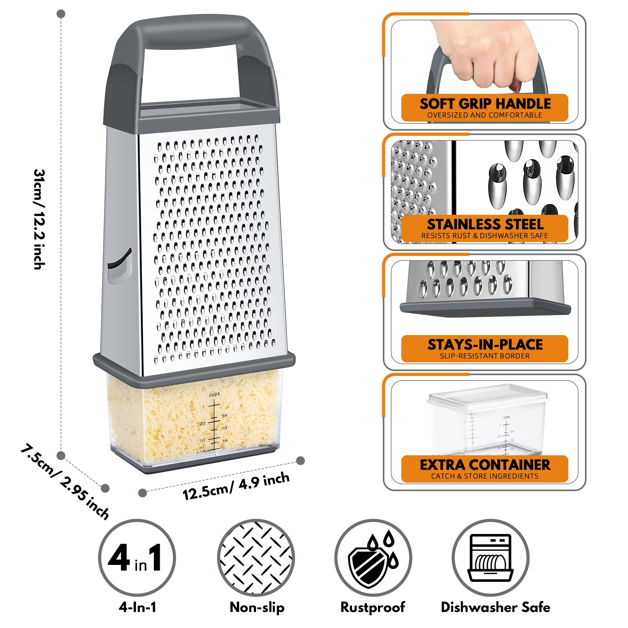 Urbanstrive Cheese Grater With Container Box Grater Stainless Steel Graters for Kitchen Cheese Shredder Parmesan Shredder Kitchen Gadgets Kitchen Tools Kitchen Gifts for Chef Dishwasher Safe Zester