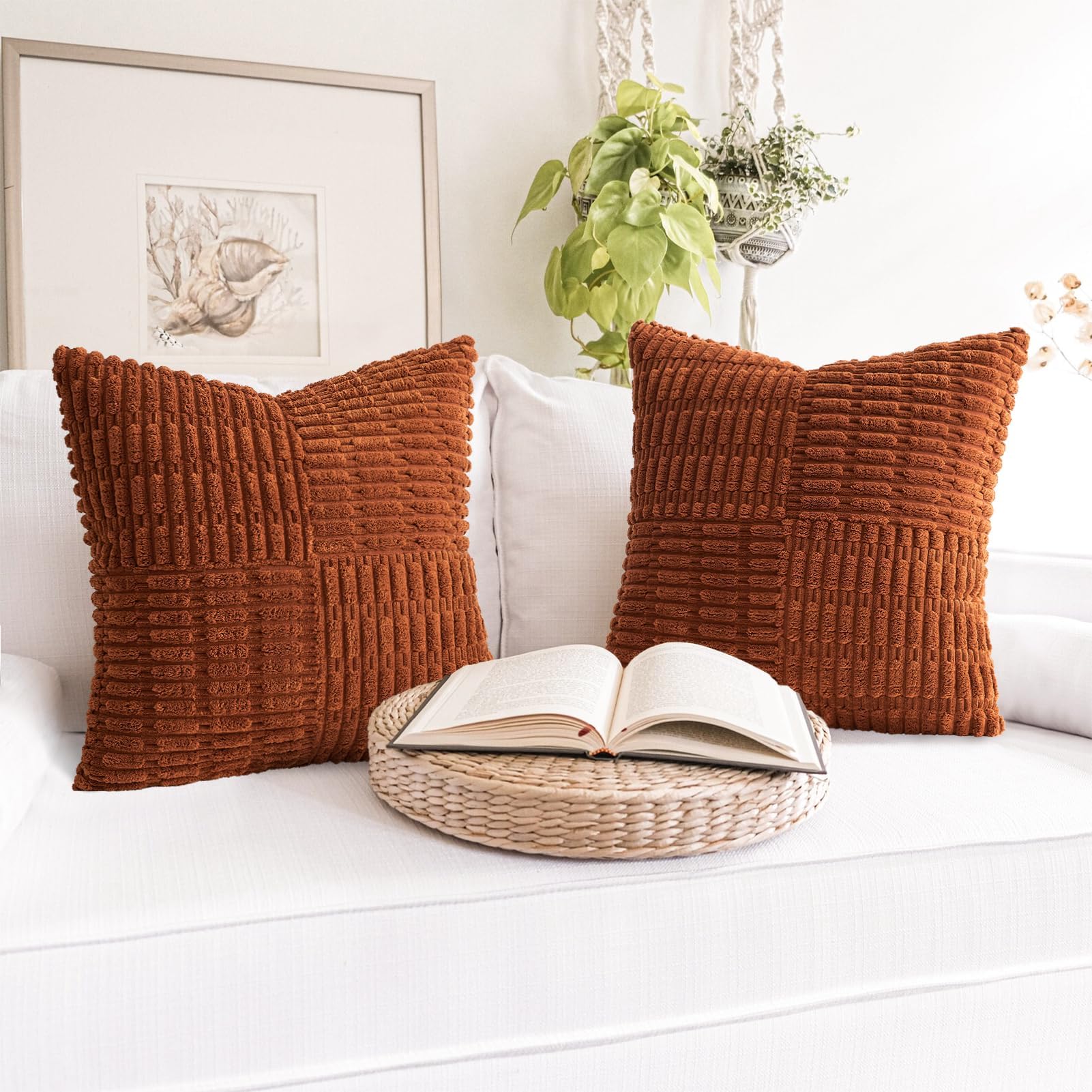 Topfinel Fall Pillow Covers Set of 2 Soft Corduroy Boho Strip Textured Terracotta Pillow Covers Modern Farmhouse Cute Autumn Home Decor Burnt Orange Living Room Sofa Couch Bed 30x30 cm