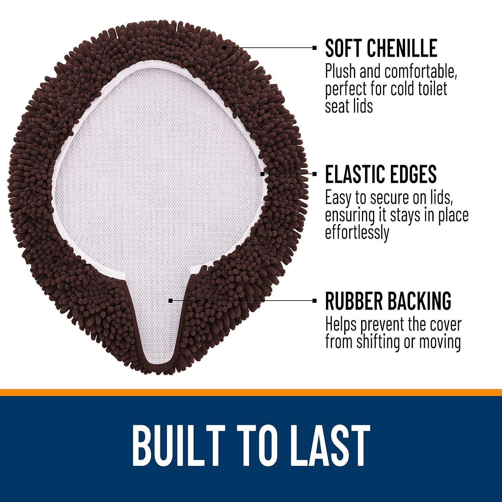 OLANLY Soft Chenille Bathroom Toilet Lid Cover, Machine Washable Seat Covers, 17.5x15, Stays in Place Rubber Backing, Fits Most Round, Elongated and Oblong Lids, Accessories Decor, Gray