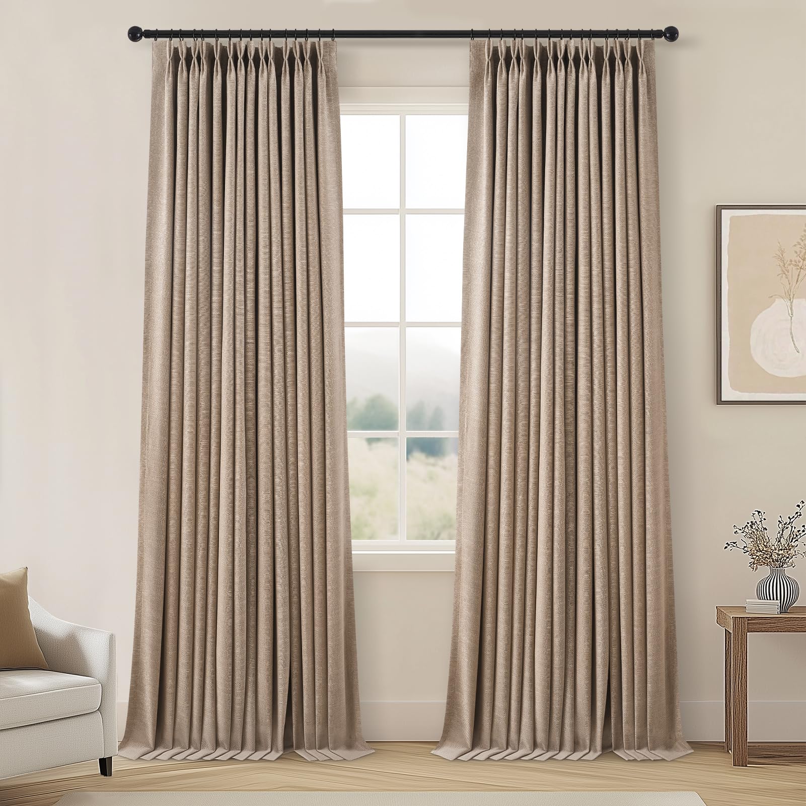 Topfinel 96 Inches Long Pinch Pleated 100% Blackout Curtains,Thermal Insulated Natural Linen Pinch Pleat Viral Drapes with Hooks Rings 2 Panel Sets,Neutral Beige Ivory 8FT Back Tab Window Curtains