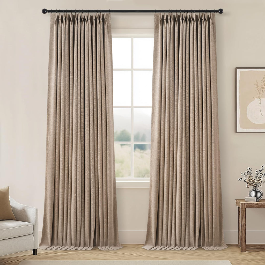 Topfinel 96 Inches Long Pinch Pleated 100% Blackout Curtains,Thermal Insulated Natural Linen Pinch Pleat Viral Drapes with Hooks Rings 2 Panel Sets,Neutral Beige Ivory 8FT Back Tab Window Curtains