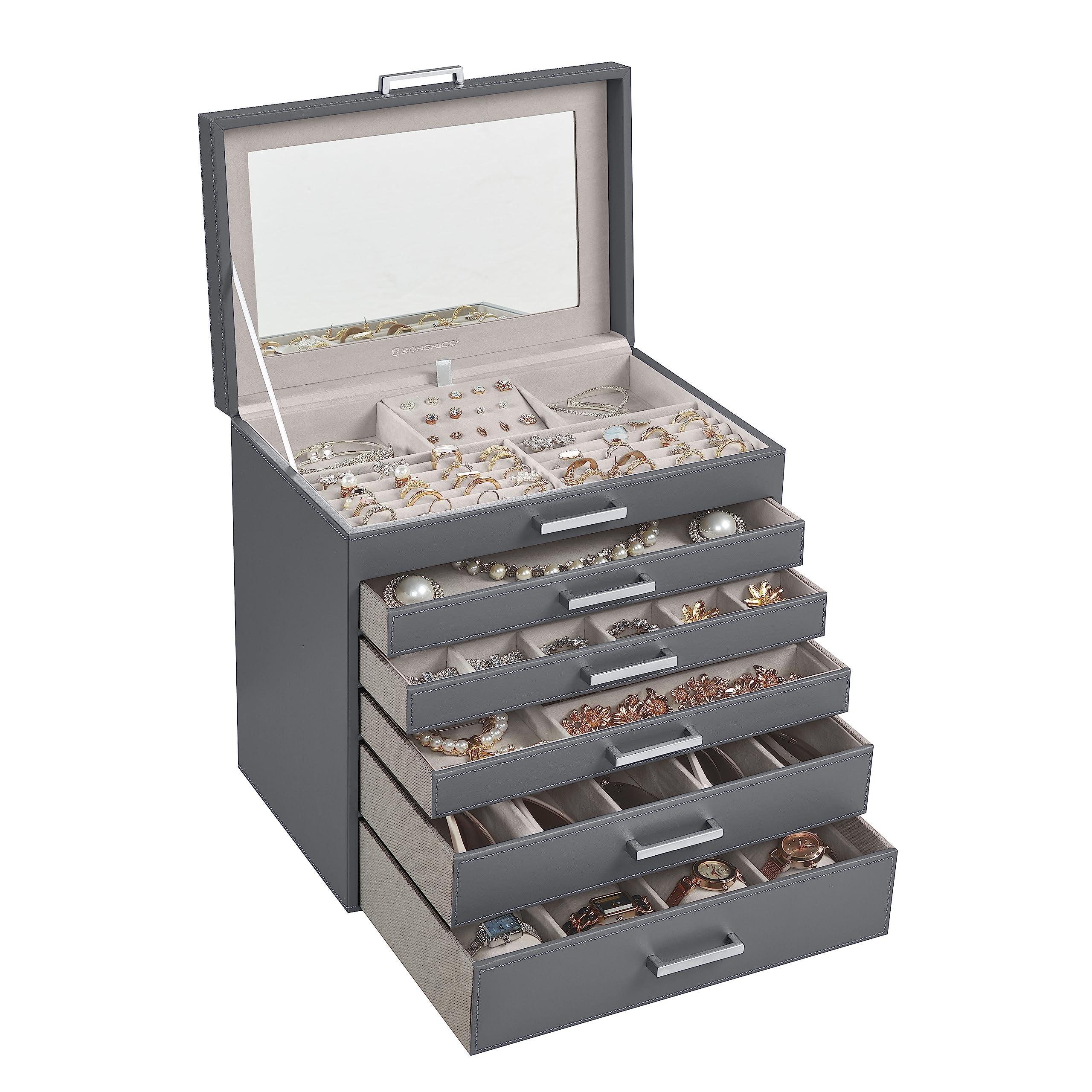 SONGMICS 3-Tier Jewelry Box, Travel Jewelry Case with Handle, 2 Drawers, Lockable Jewelry Organizer with Mirror, Jewelry Storage, Modern Style, Gift for Loved Ones, White UJBC154W01