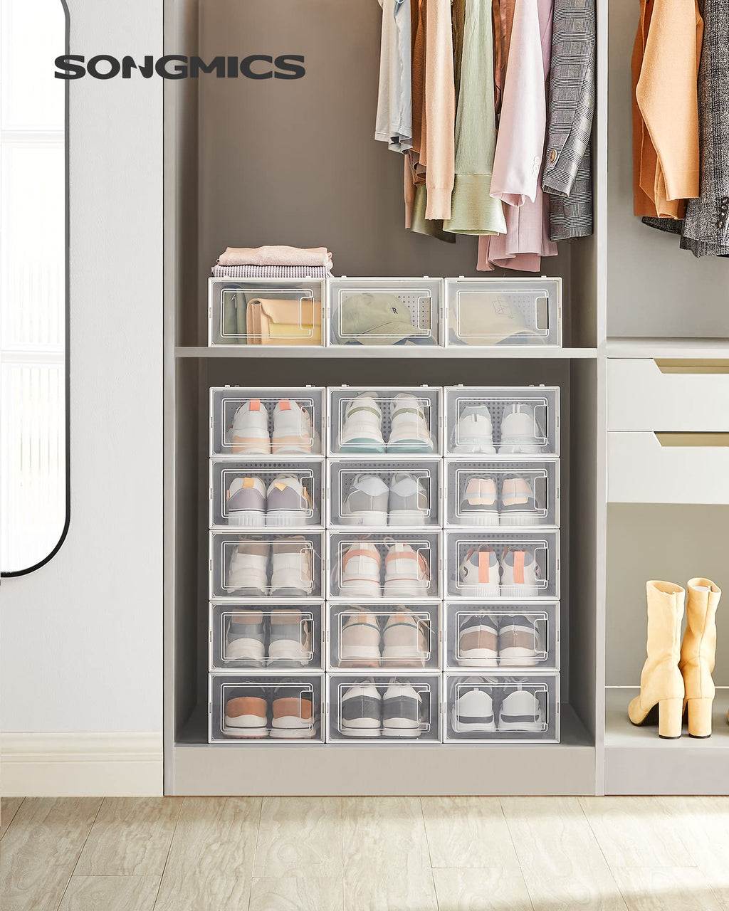 SONGMICS Shoe Boxes, Pack of 12 Shoe Storage Organizers, Stackable Clear Plastic Boxes for Closet, Sneakers, 13.1 x 9.1 x 5.6 Inches, Transparent and White ULSP12SWT