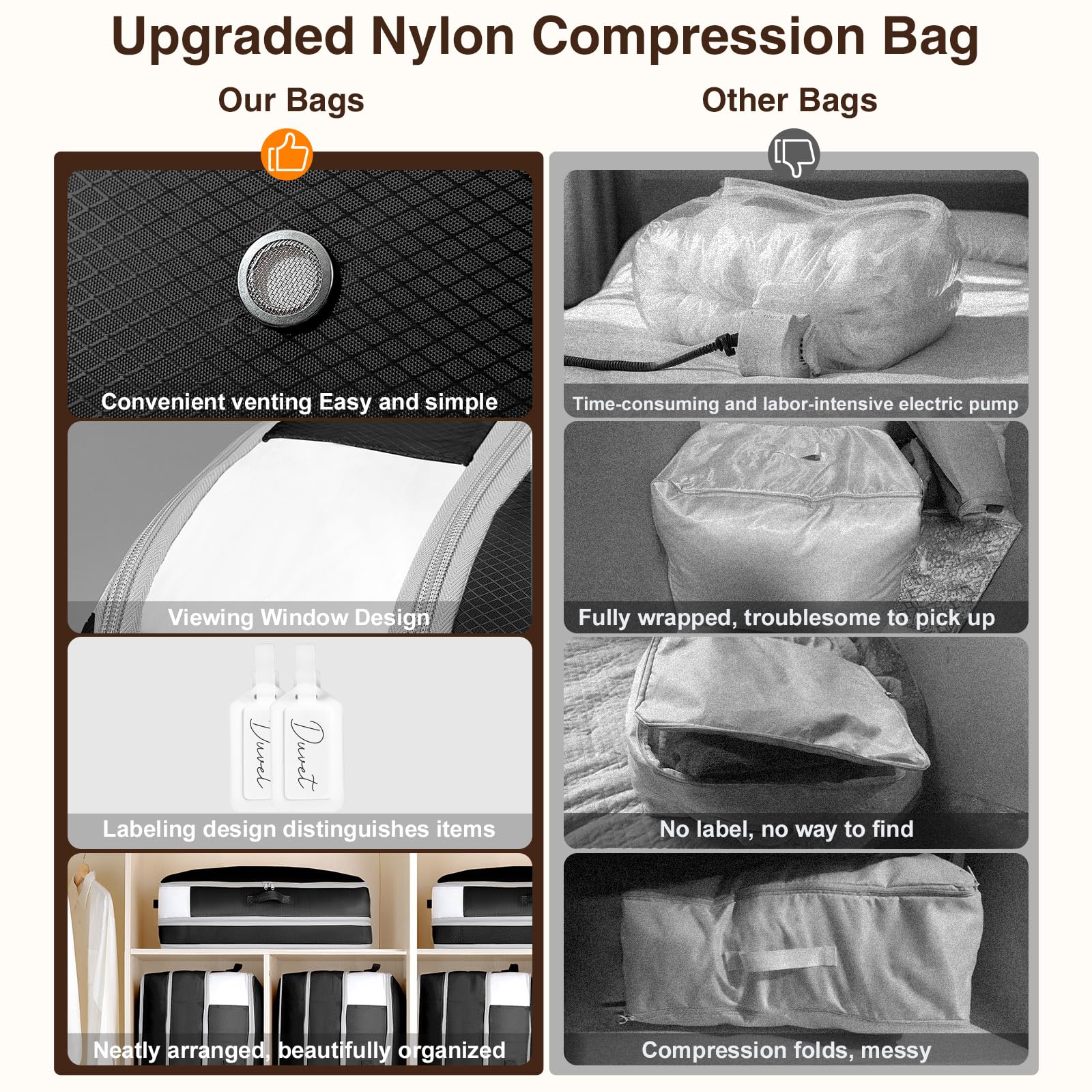 Homsorout 4 Pack Compression Storage Bags - 110L Large Capacity Comforter Storage Bag, 3-Layer Washable Ultra Space Saving Self Compression Organizer Space Bags for Blanket, Sweater, Sheet, Black