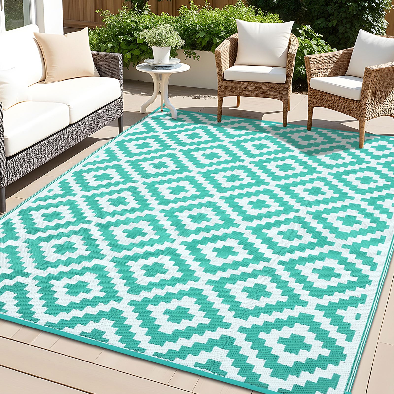 OLANLY Waterproof Outdoor Rug 5x8 ft, Outdoor Plastic Straw Rug for Camping, RV Mat Outside, Indoor Outdoor Carpet for Porch, Deck, Backyard, Balcony, Picnic, Black & White