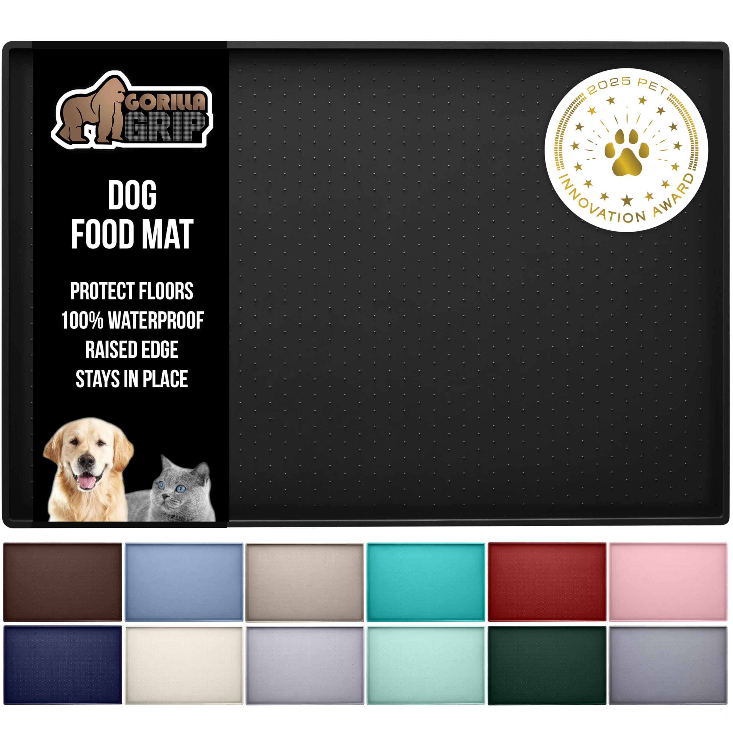 GORILLA GRIP 100% Waterproof Raised Edge BPA Free Silicone Pet Feeding Mat, Dog Cat Food Mats Contain Spills Protects Floors, Placemats for Cats and Dogs Water Bowl, Pets Accessories 18.5x11.5 Gray