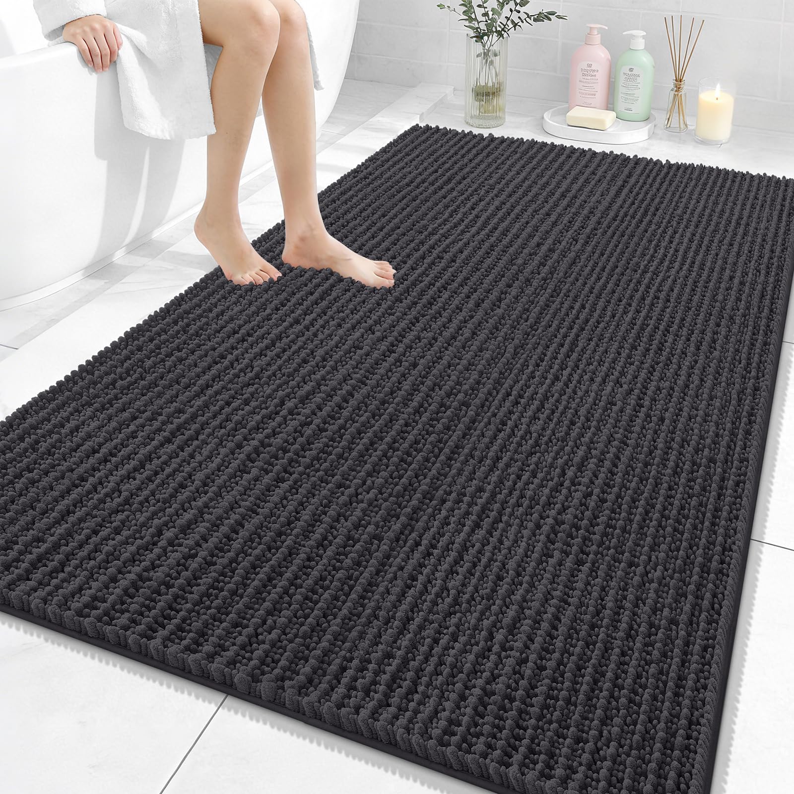 OLANLY Bathroom Rug Mat 30x20, Thick Soft and Absorbent Chenille Bath Mat, Non-Slip Rubber Backing, Machine Washable Quick Dry Bath Rugs for Tub Shower Floor, Home Decor Accessories, Grey