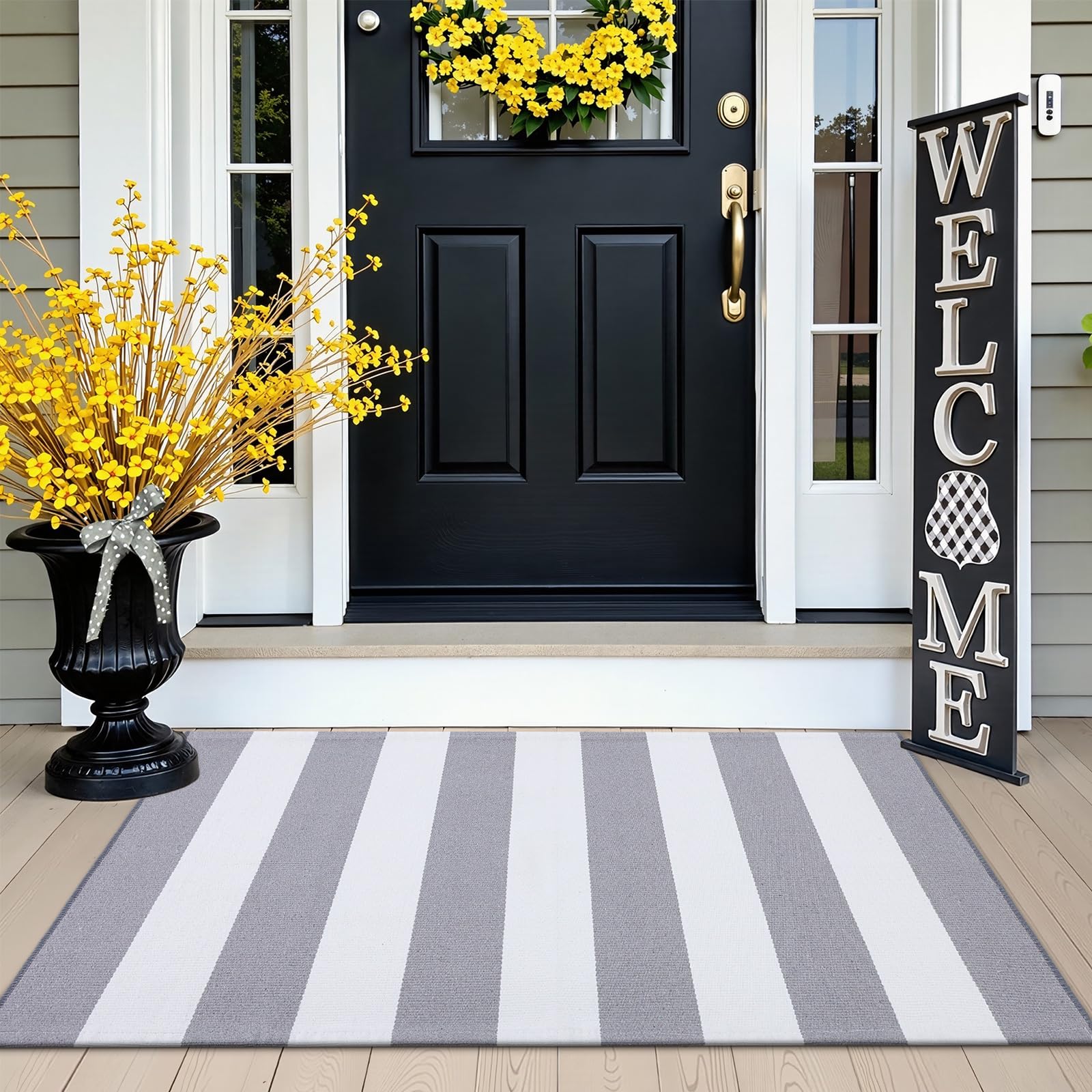 OLANLY Black and White Striped Rug 2'4" x 3'7" (27.5" x 43") – Washable Cotton Indoor Outdoor Doormat for Front Door, Entryway, Kitchen, Porch, Patio Decor