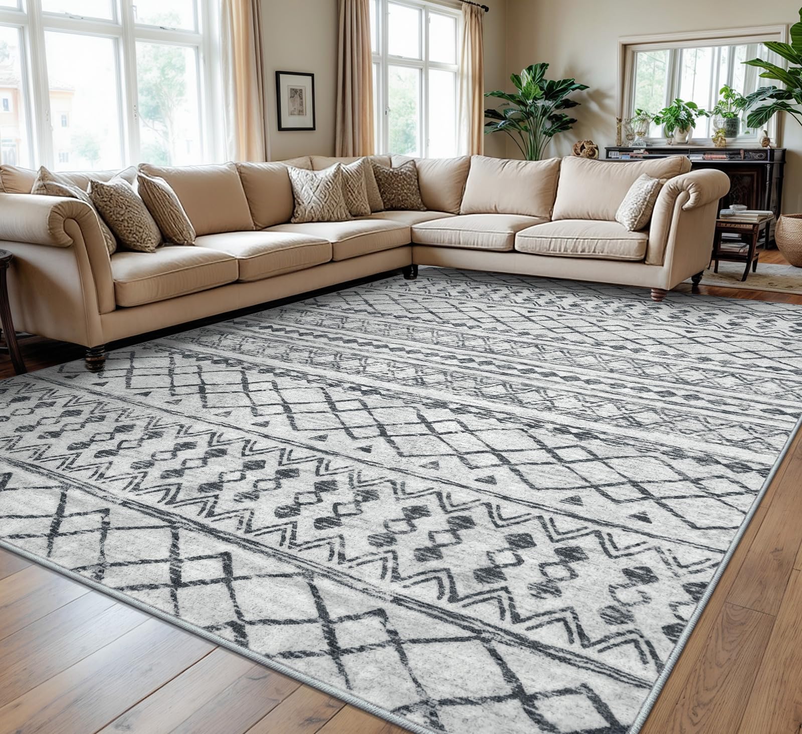 KUTA Washable Non-Slip Rugs for Entryway 2x3, Grey Moroccan Boho Small Area Rug, Ultra Soft Vintage Geometric Low-Pile Indoor Door Mat Floor Carpet for Indoor, Entrance, Kitchen, Bathroom, Bedroom